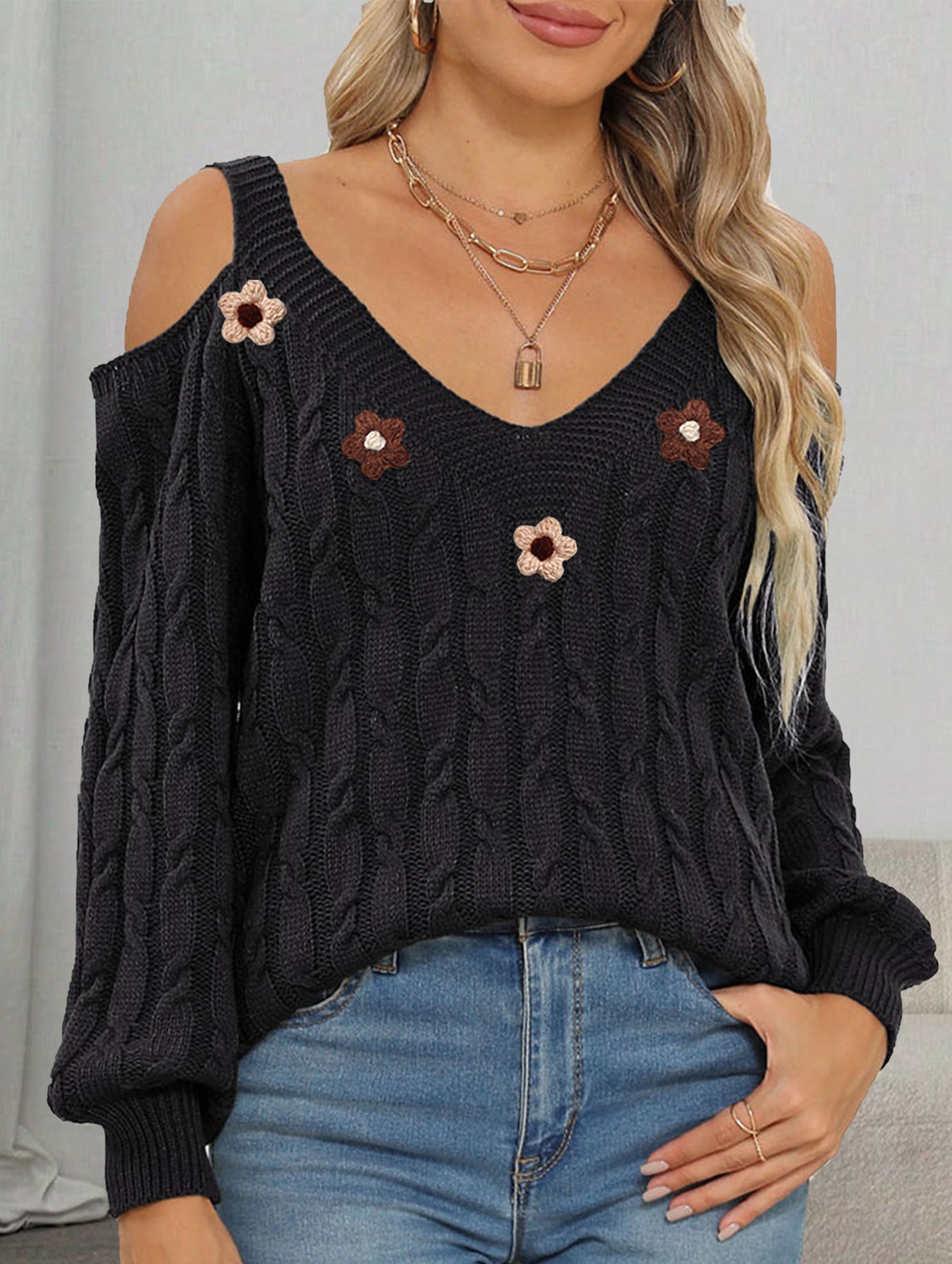Deep V cable knit camisole off-shoulder sweater