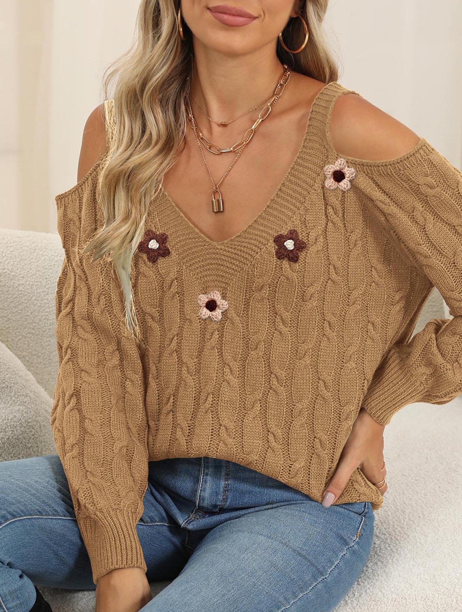 Deep V cable knit camisole off-shoulder sweater