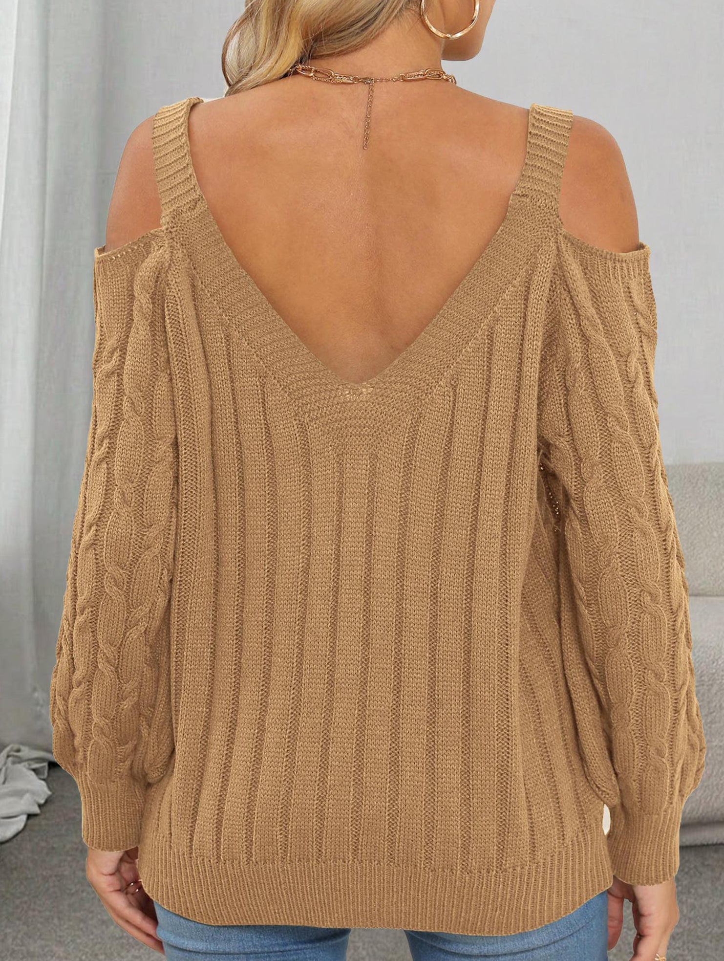 Deep V cable knit camisole off-shoulder sweater