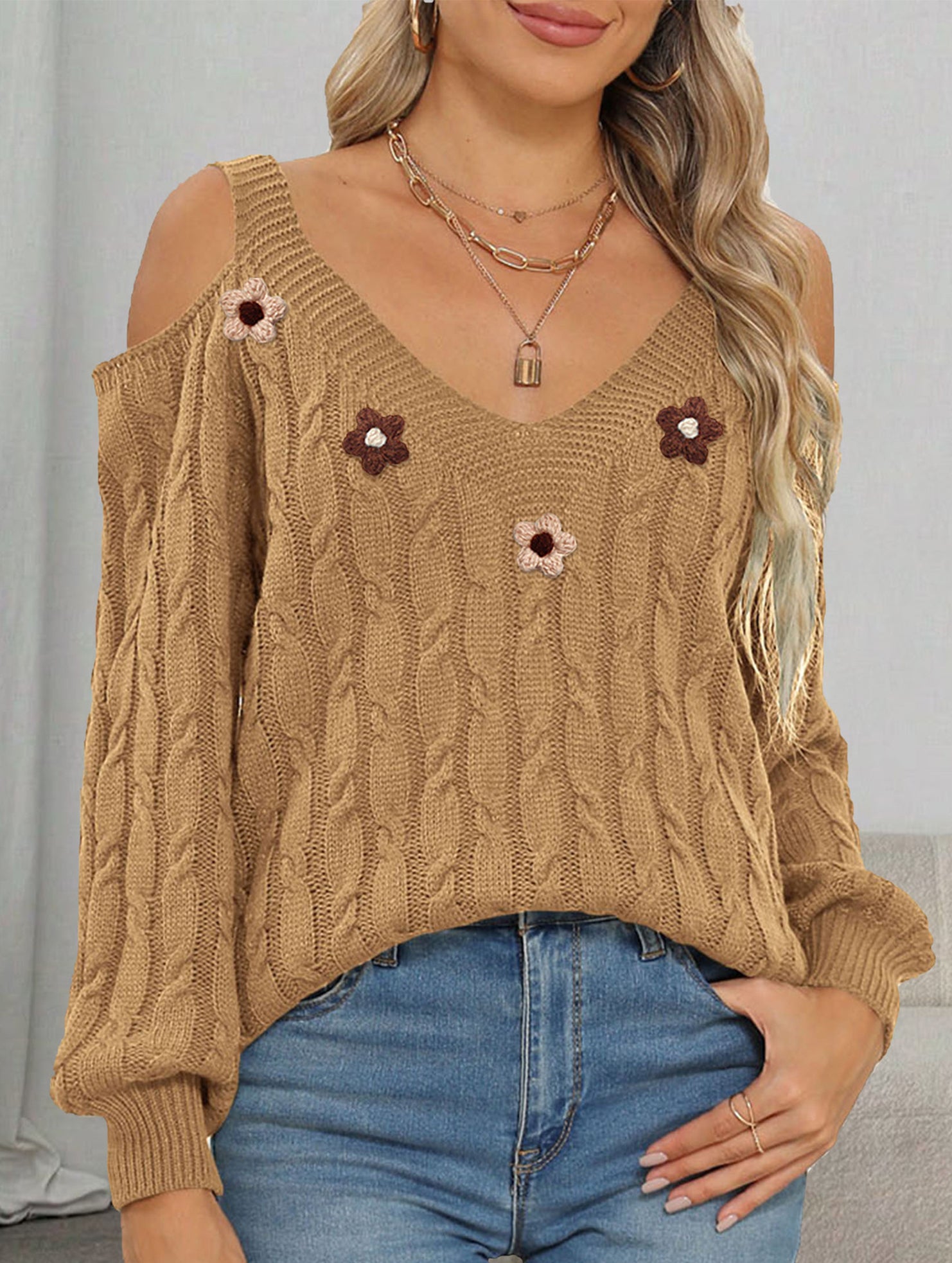 Deep V cable knit camisole off-shoulder sweater