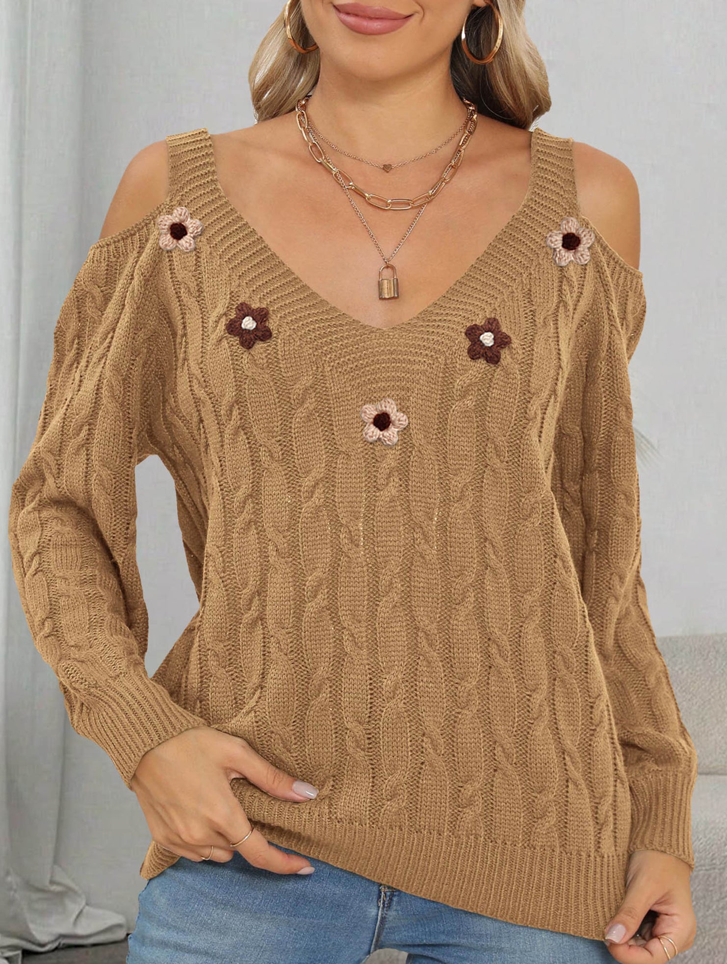 Deep V cable knit camisole off-shoulder sweater