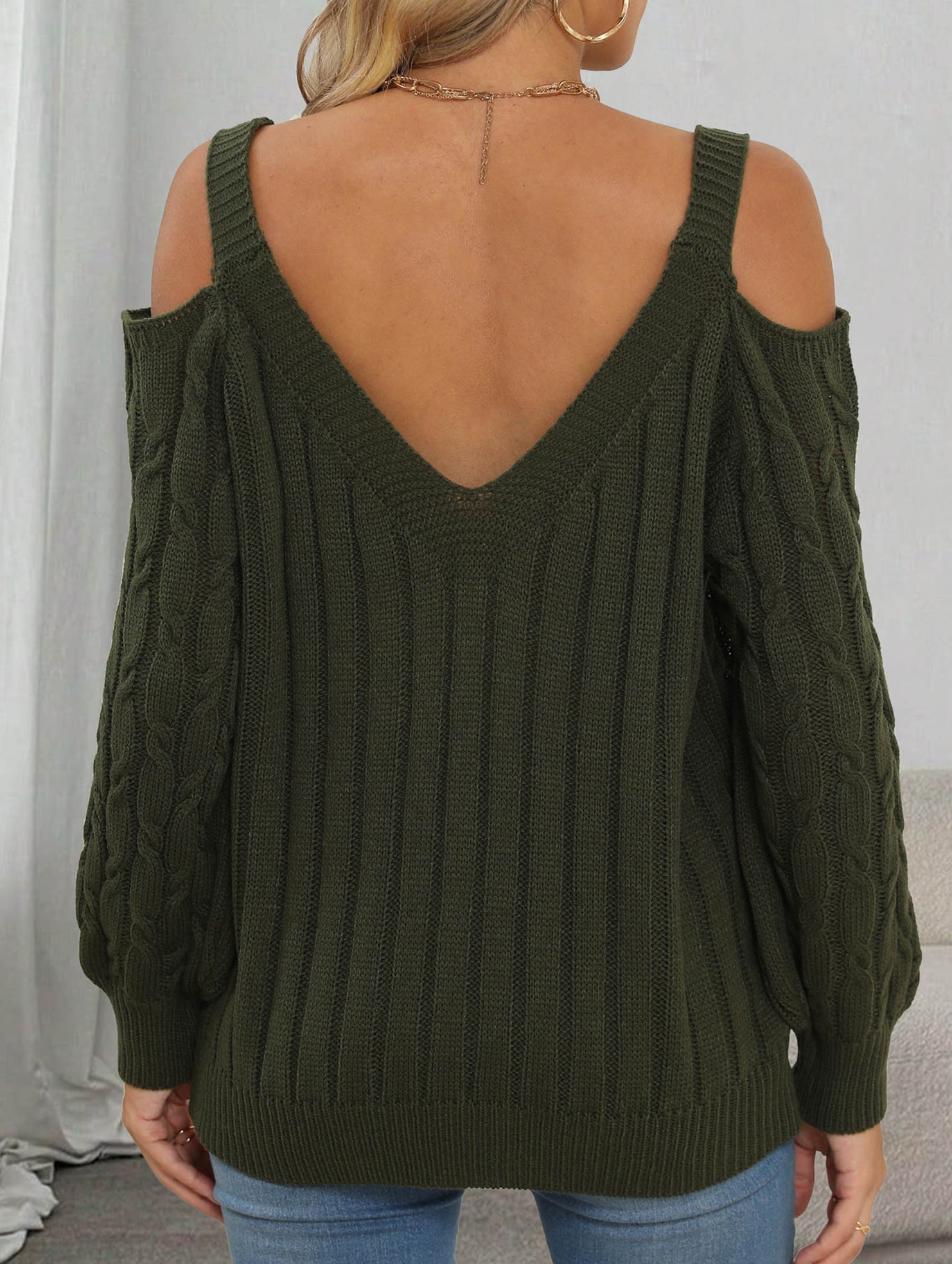Deep V cable knit camisole off-shoulder sweater