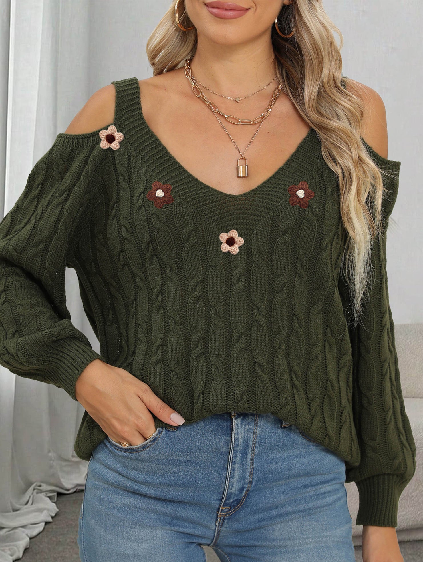 Deep V cable knit camisole off-shoulder sweater