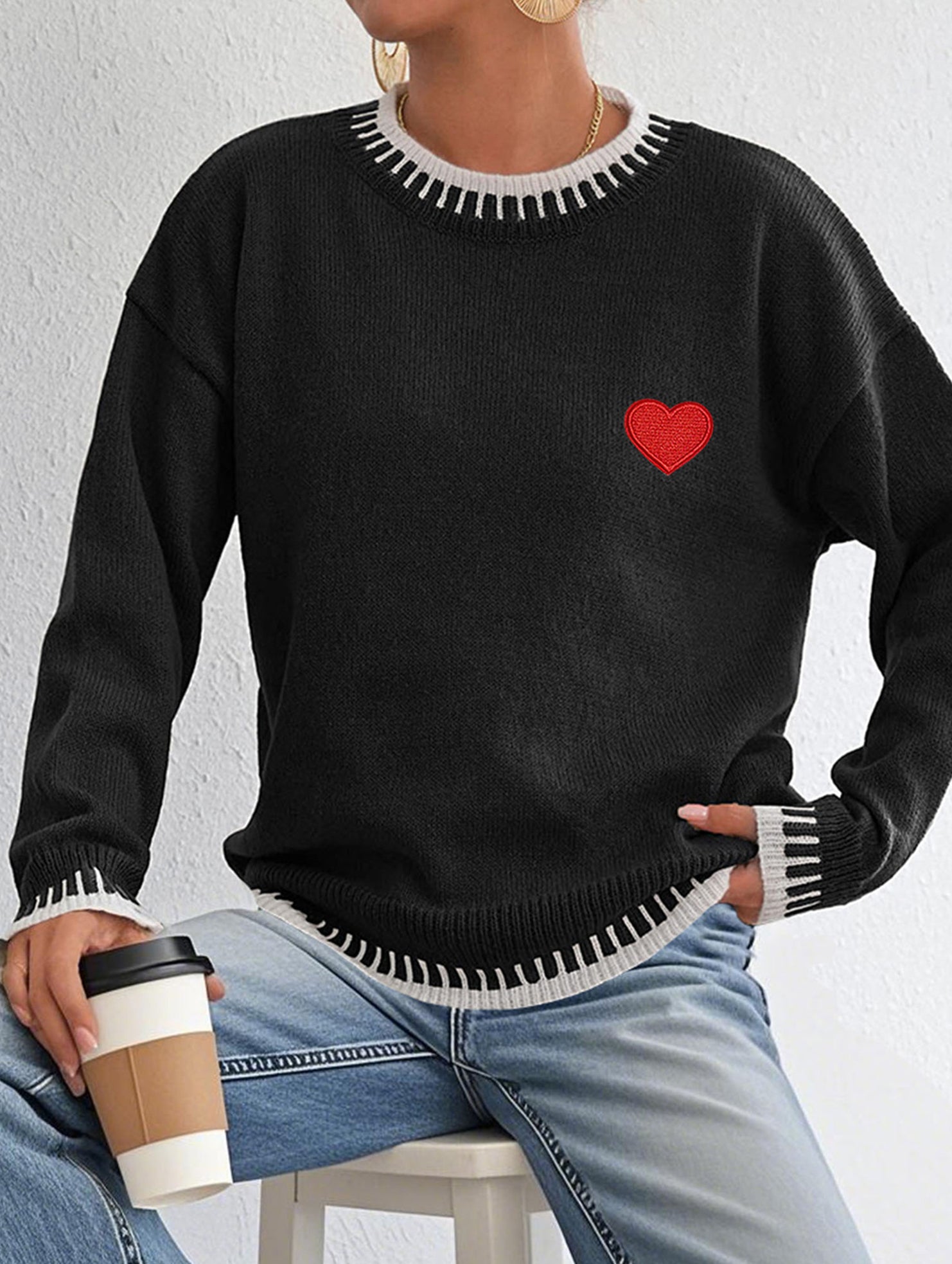 Casual patchwork heart embroidered loose sweater