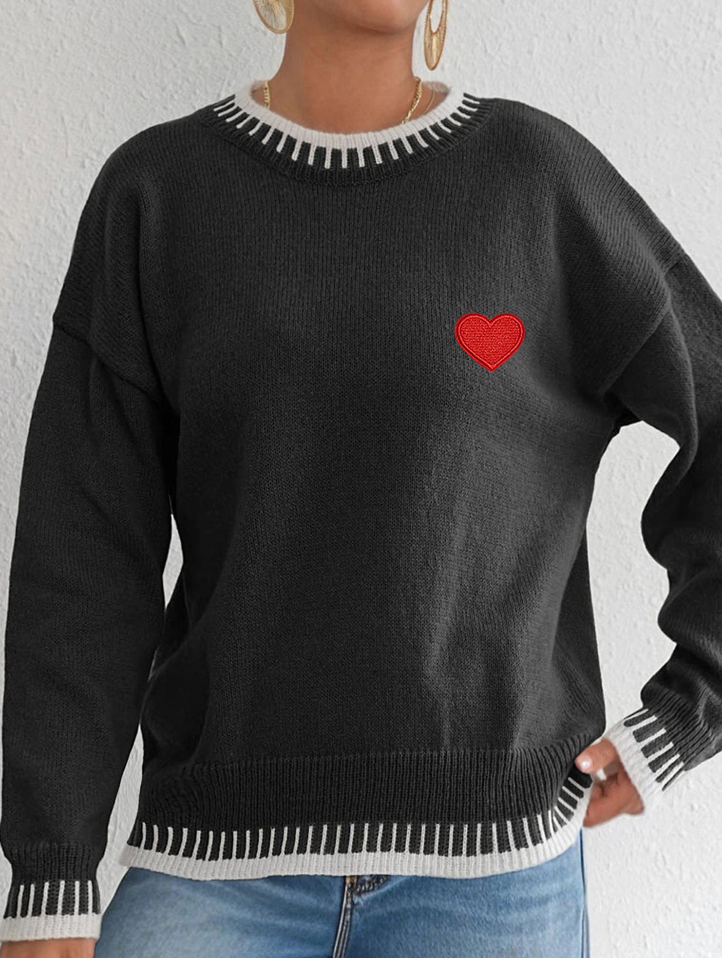 Casual patchwork heart embroidered loose sweater