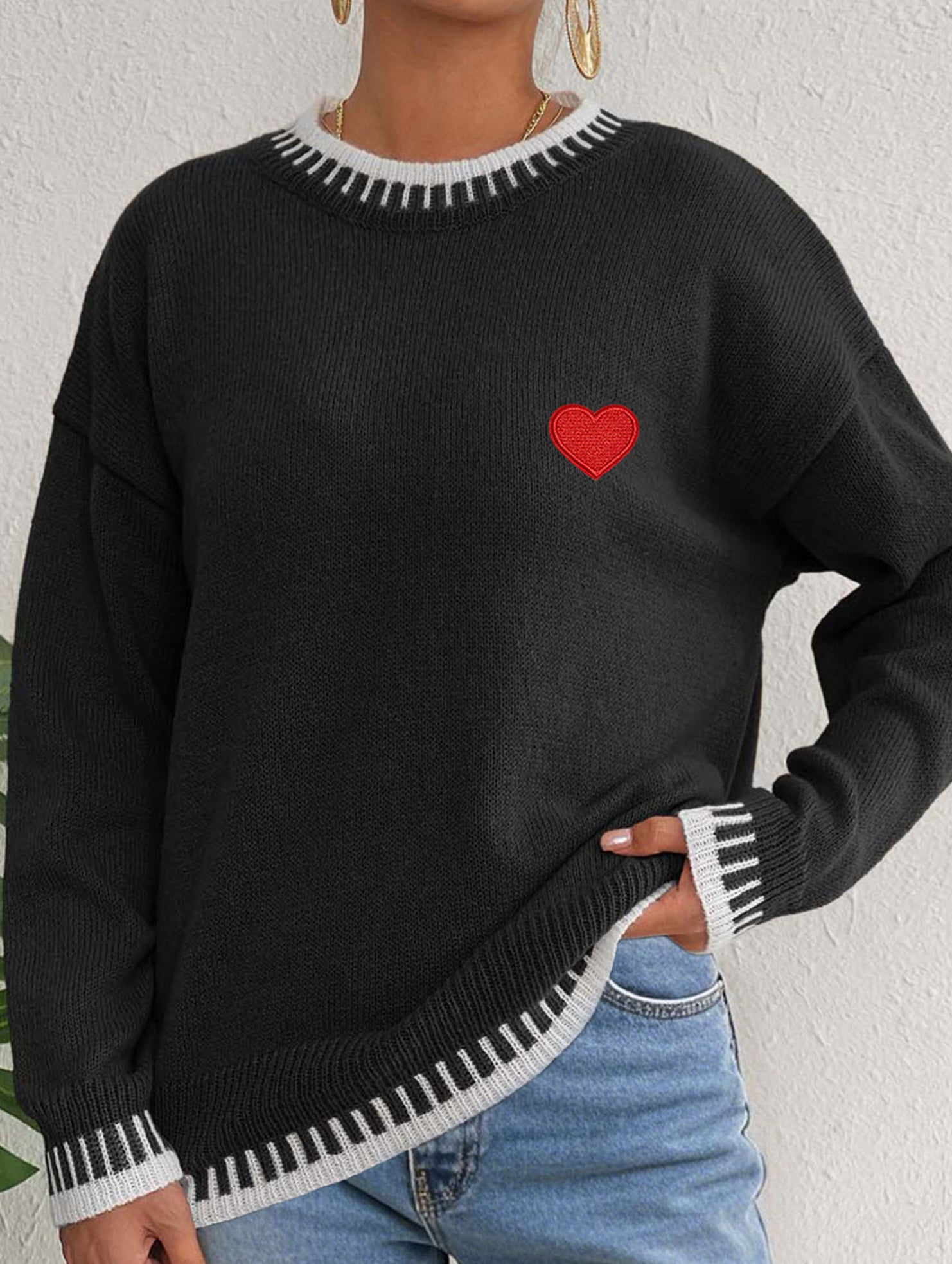 Casual patchwork heart embroidered loose sweater
