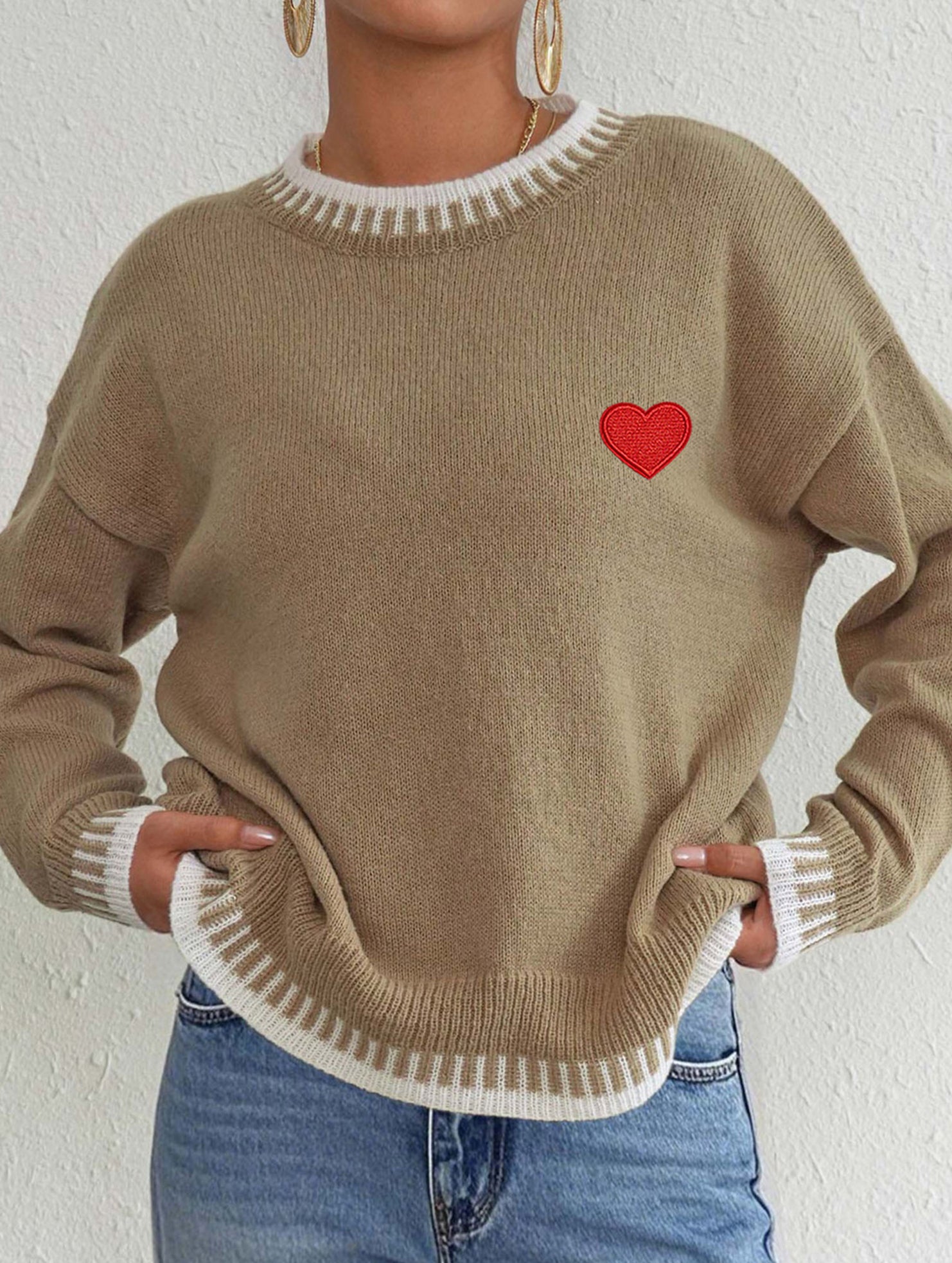 Casual patchwork heart embroidered loose sweater