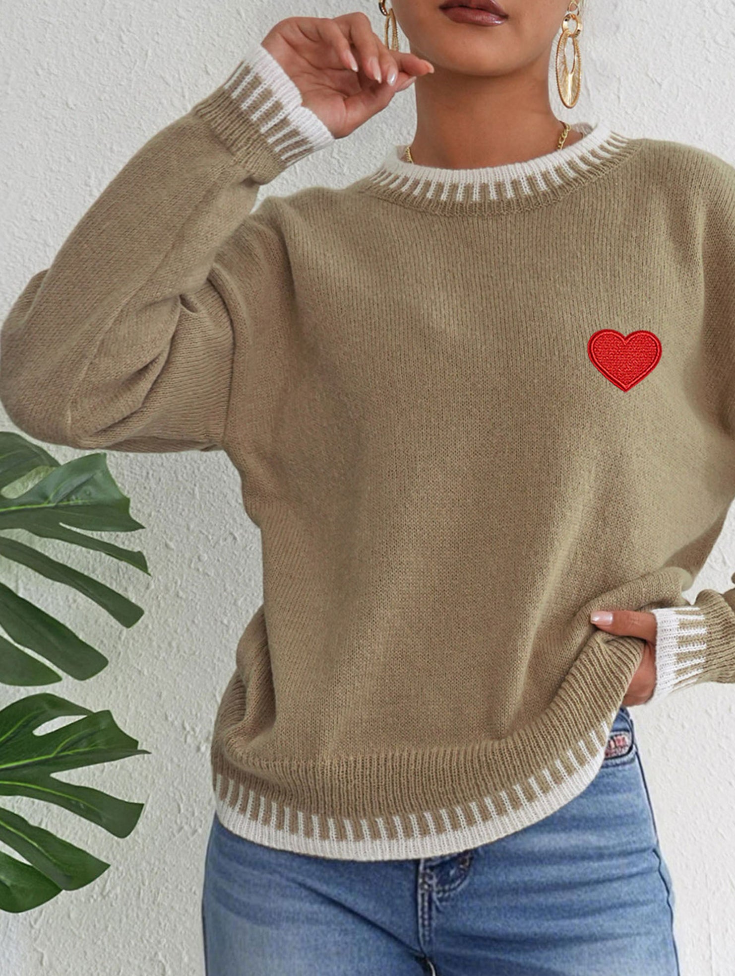 Casual patchwork heart embroidered loose sweater