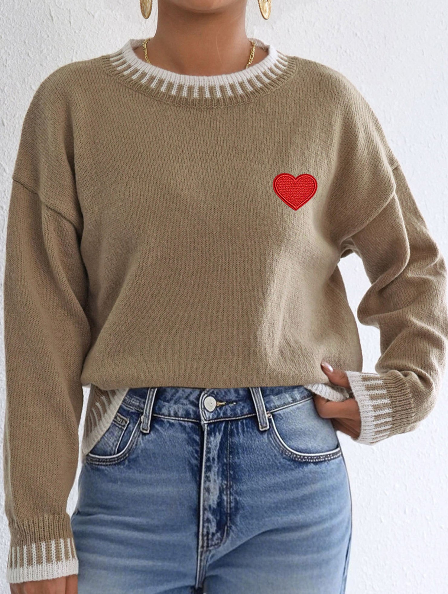 Casual patchwork heart embroidered loose sweater