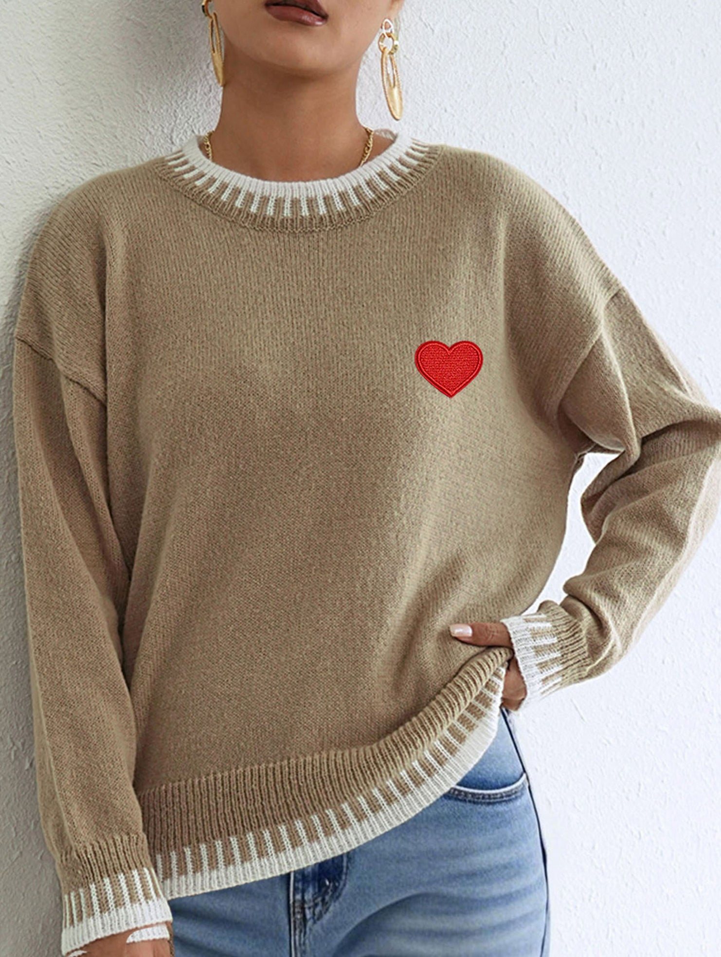 Casual patchwork heart embroidered loose sweater