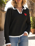 Collared color-blocked heart-patterned knit sweater