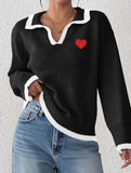 Collared color-blocked heart-patterned knit sweater