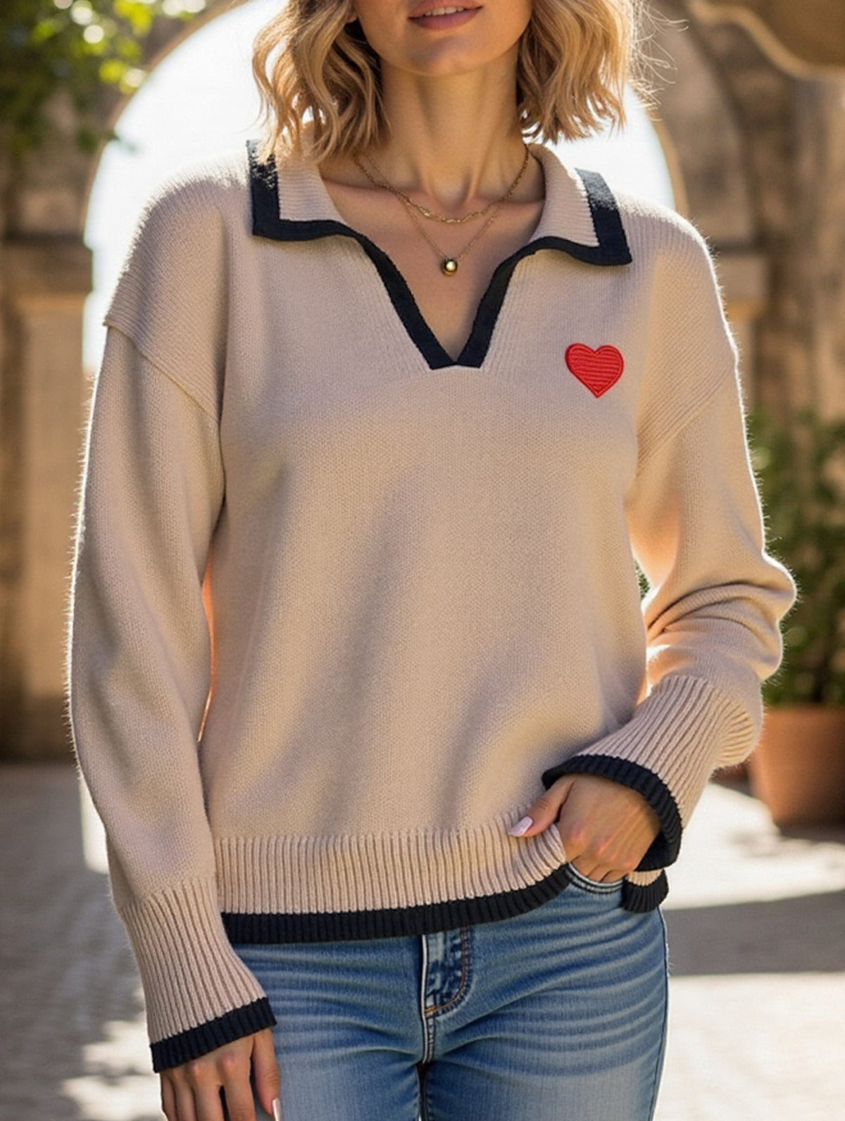 Collared color-blocked heart-patterned knit sweater