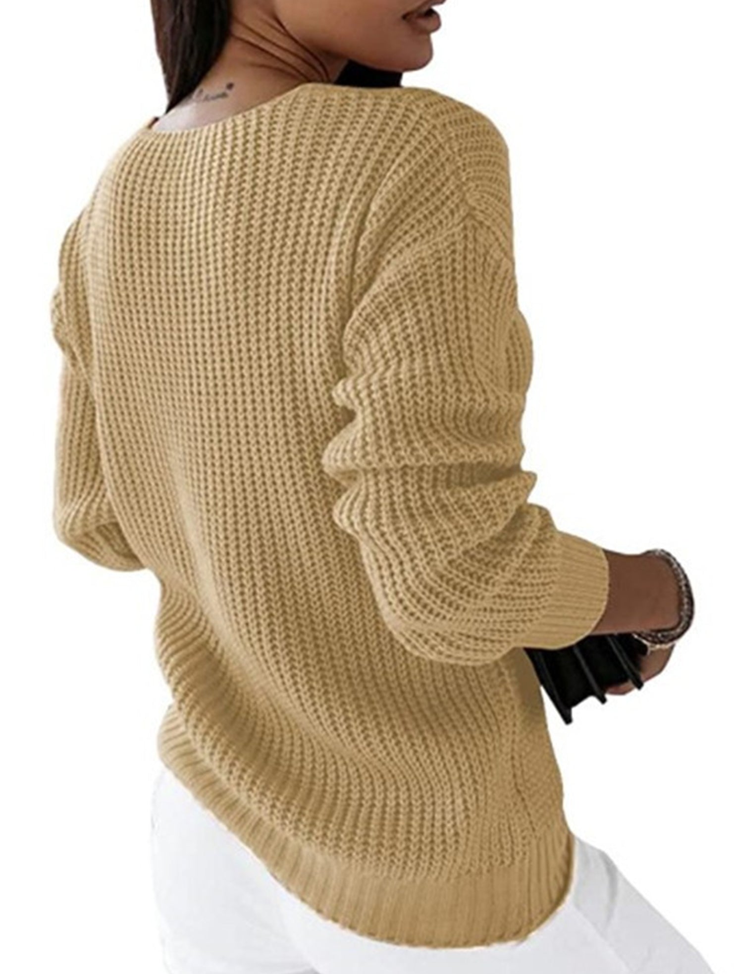 V-neck solid color cable knit casual knit sweater