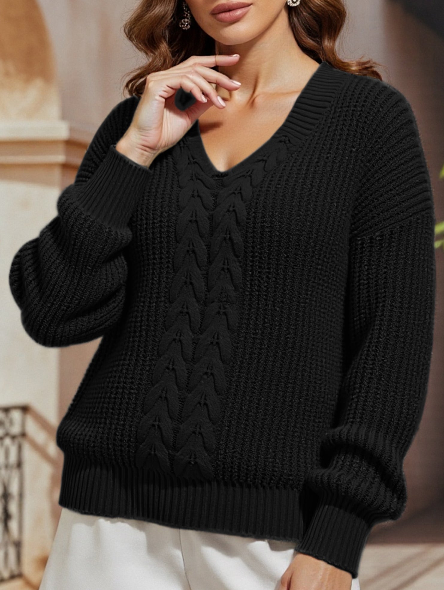 V-neck solid color cable knit casual knit sweater