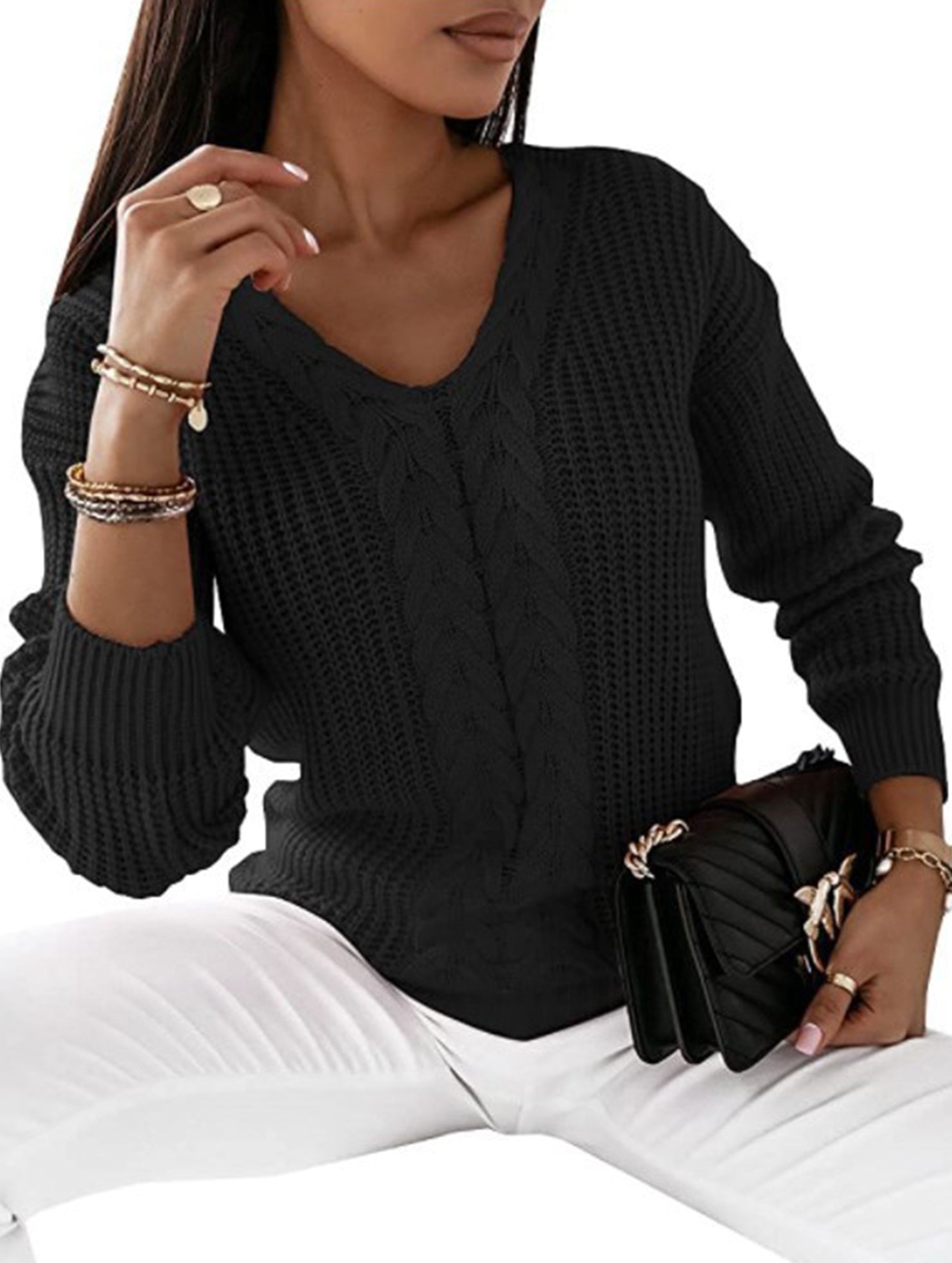 V-neck solid color cable knit casual knit sweater