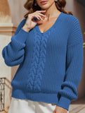 V-neck solid color cable knit casual knit sweater