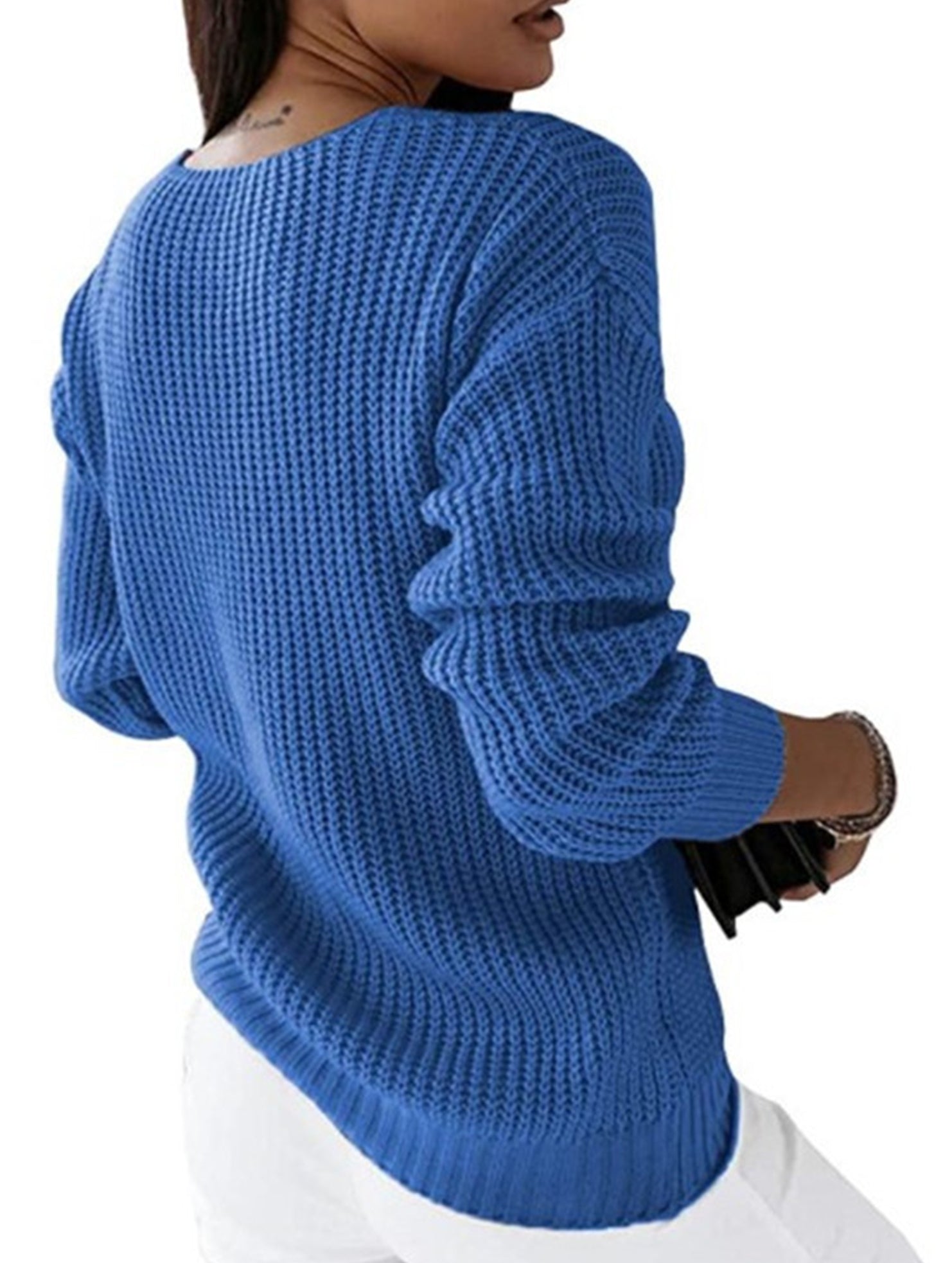 V-neck solid color cable knit casual knit sweater