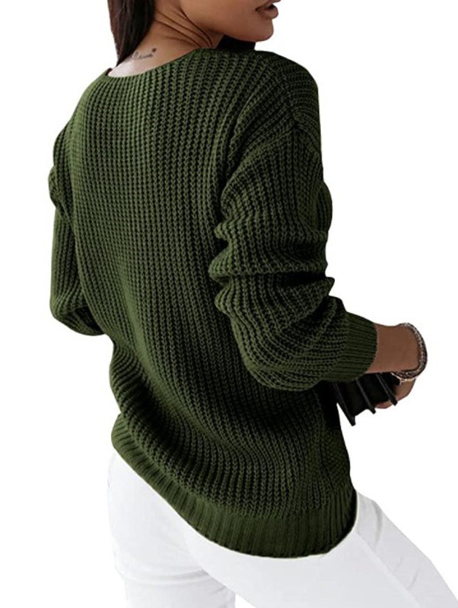 V-neck solid color cable knit casual knit sweater