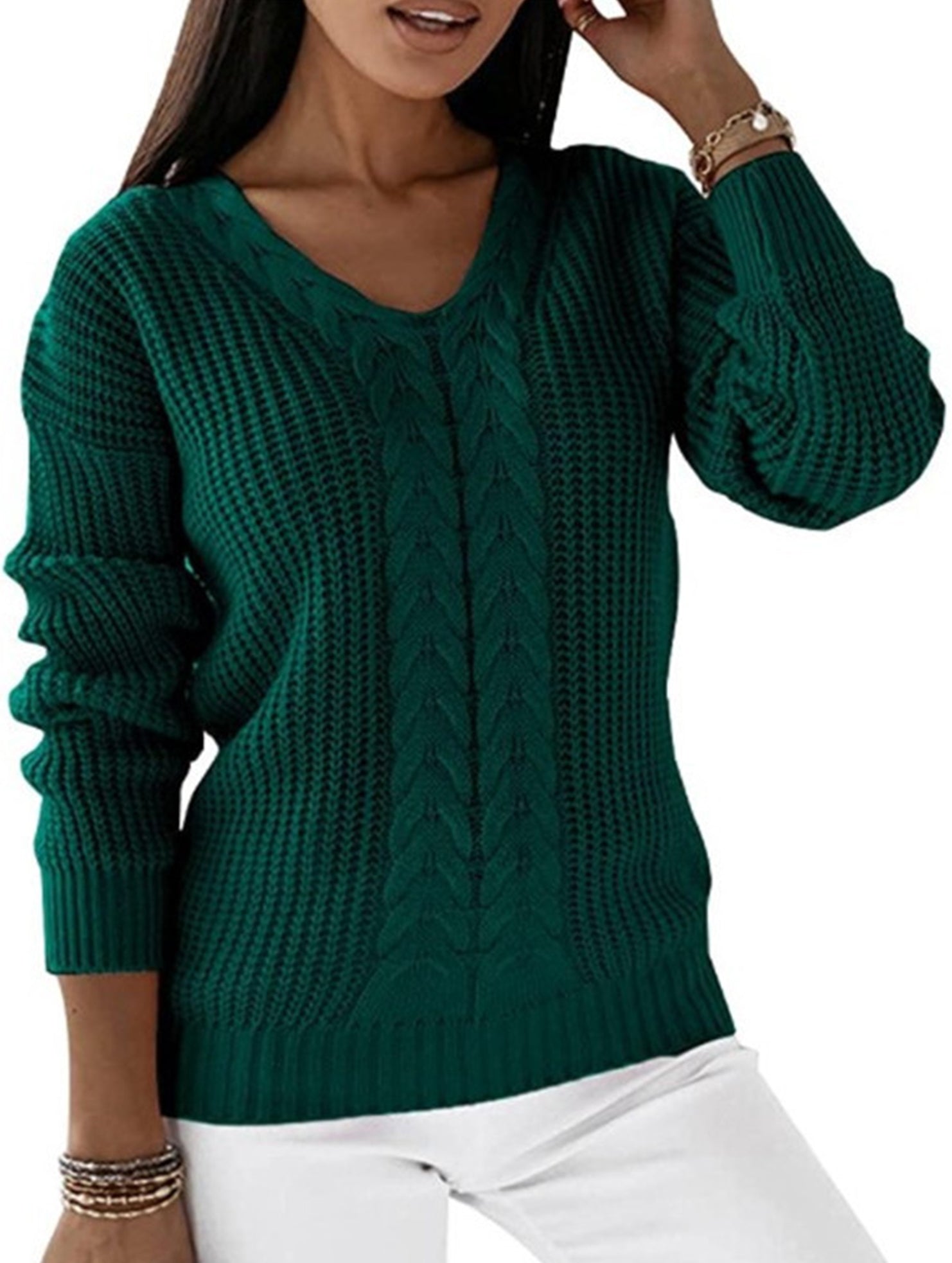 V-neck solid color cable knit casual knit sweater
