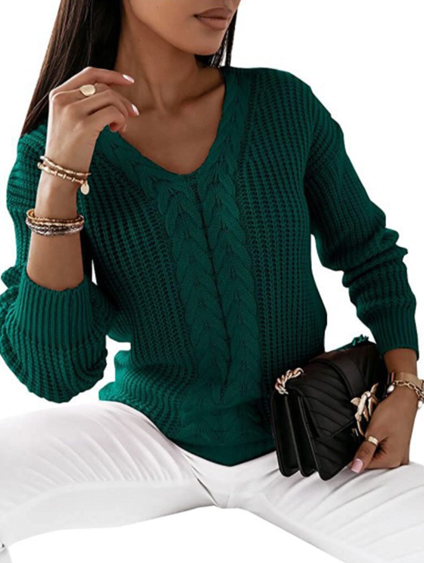 V-neck solid color cable knit casual knit sweater