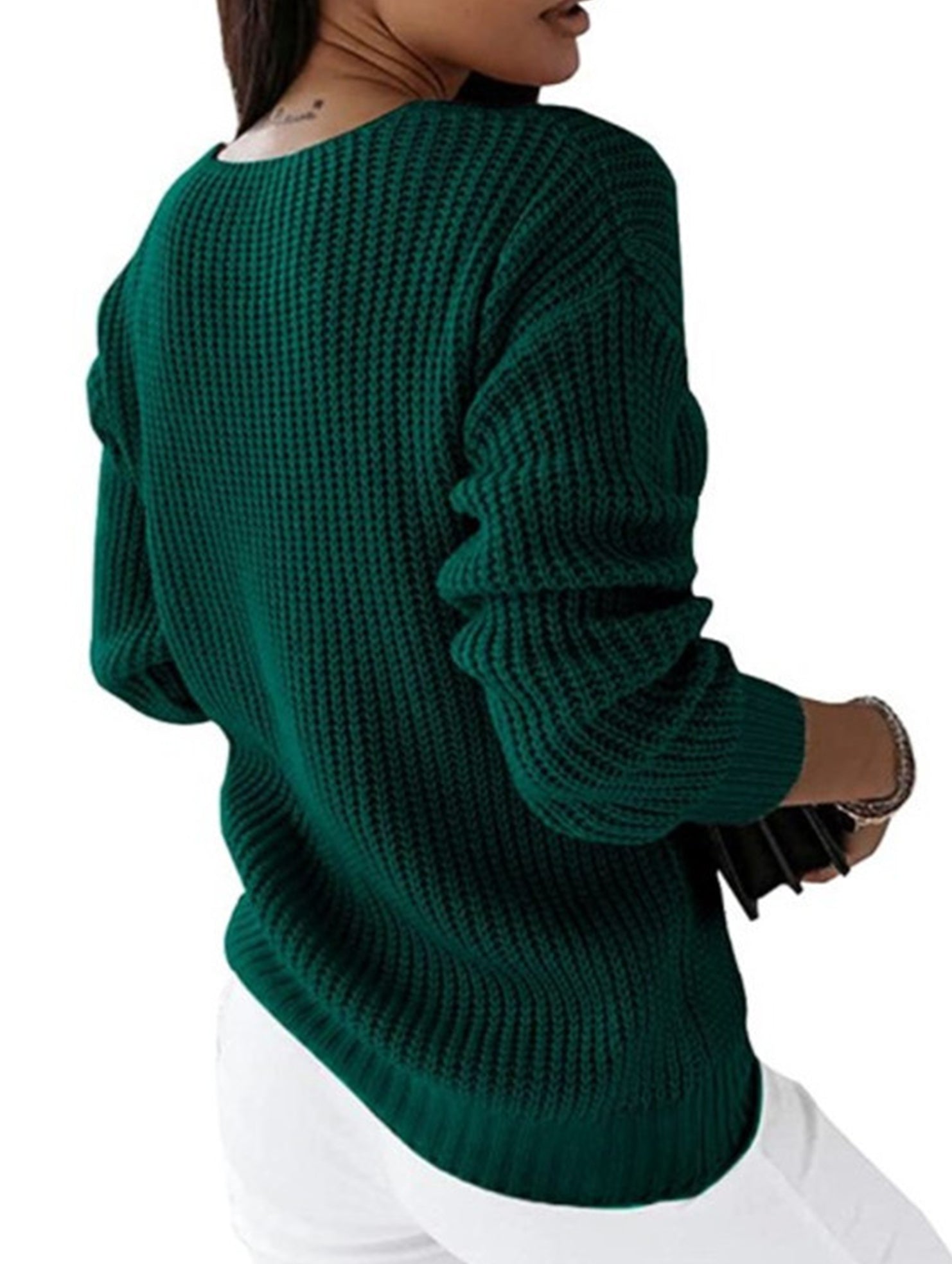 V-neck solid color cable knit casual knit sweater