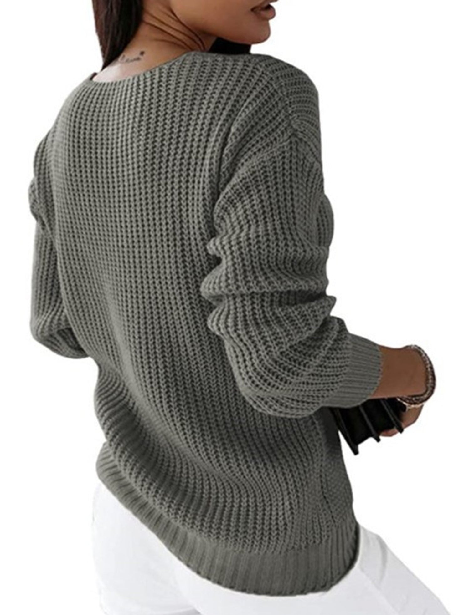 V-neck solid color cable knit casual knit sweater