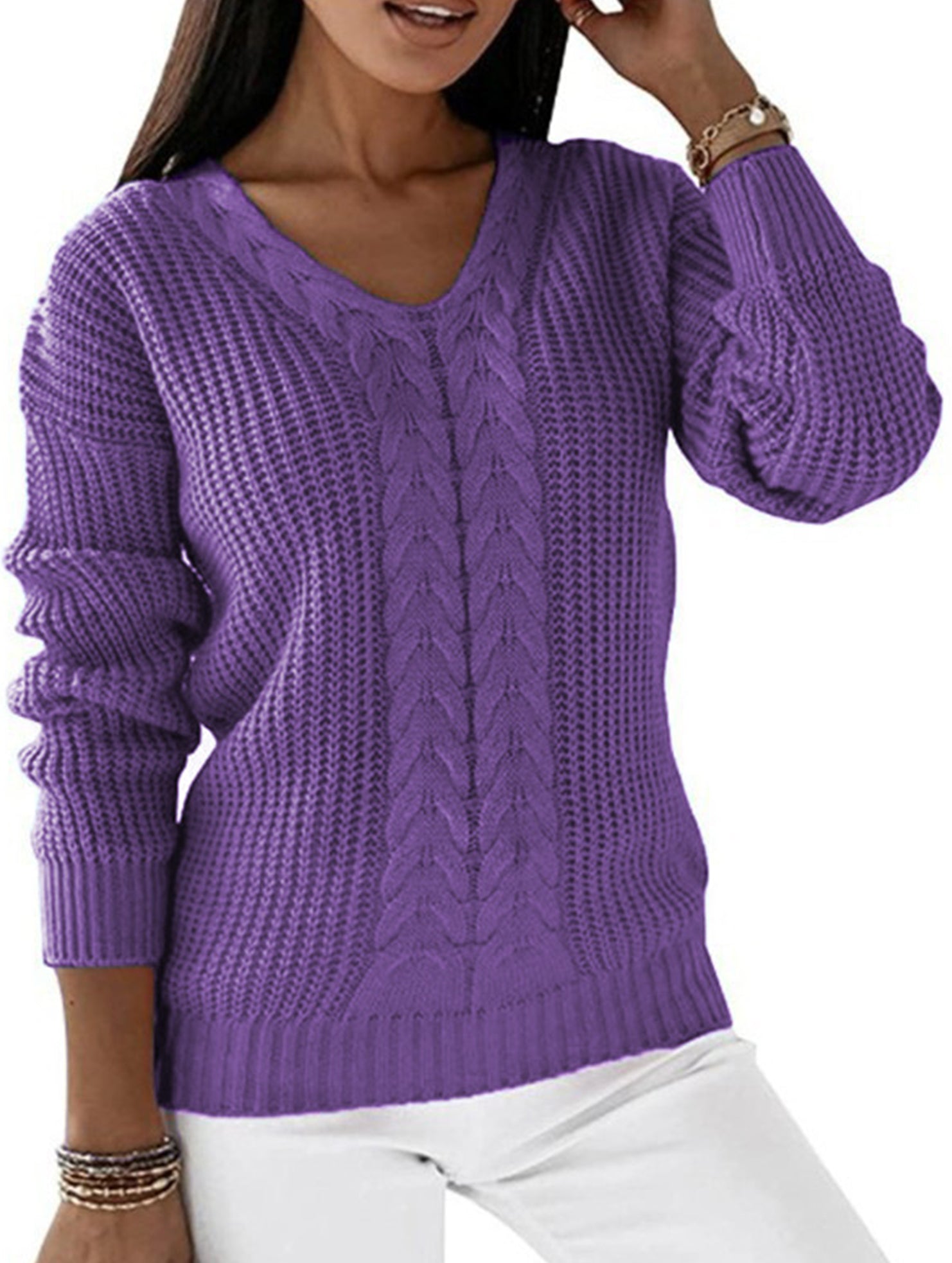 V-neck solid color cable knit casual knit sweater