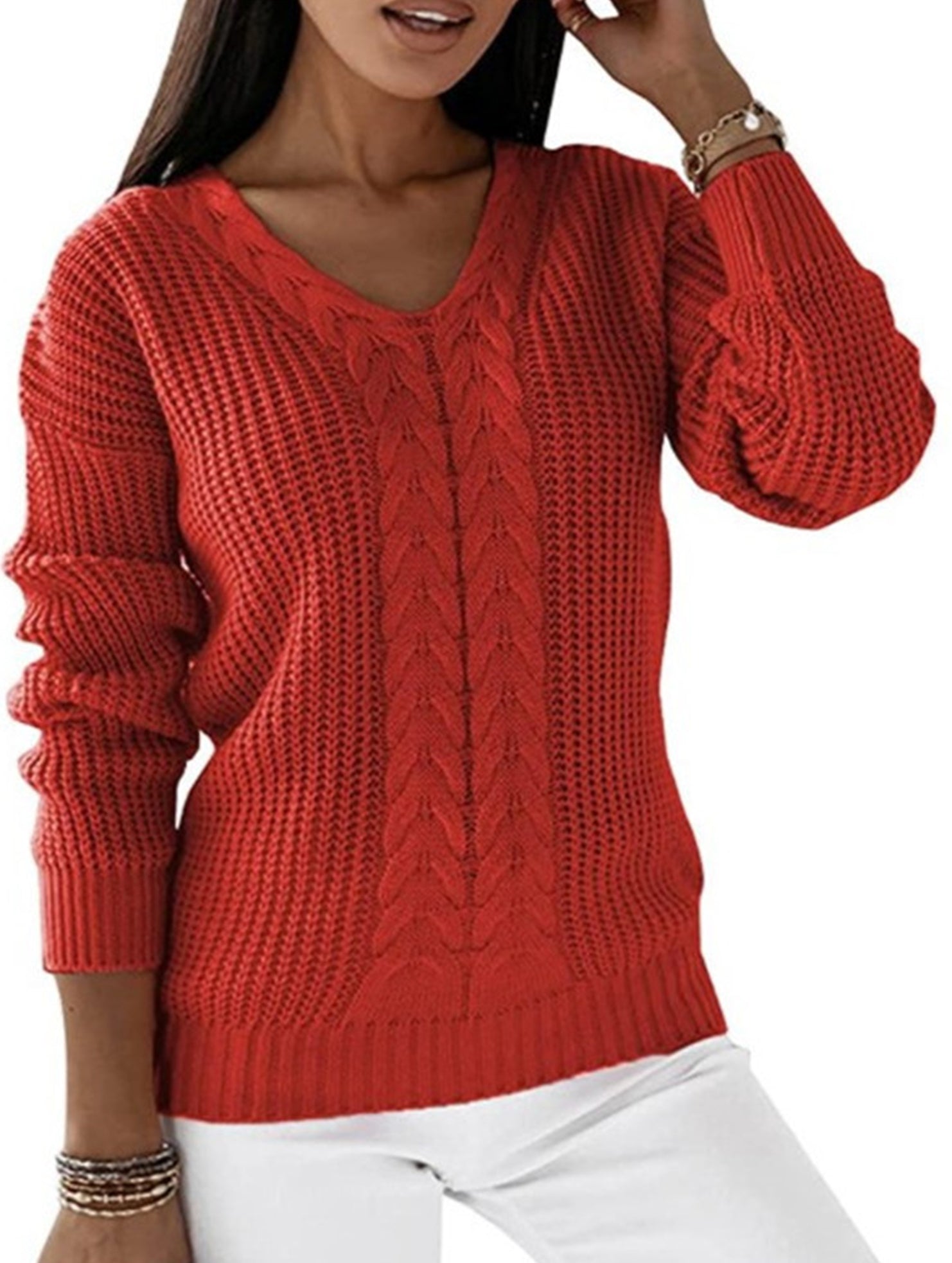 V-neck solid color cable knit casual knit sweater