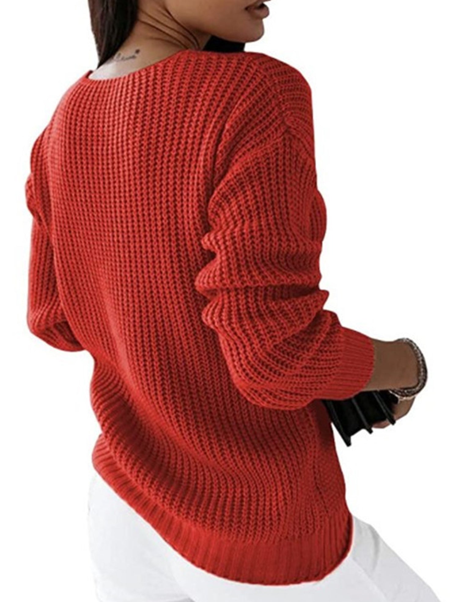 V-neck solid color cable knit casual knit sweater