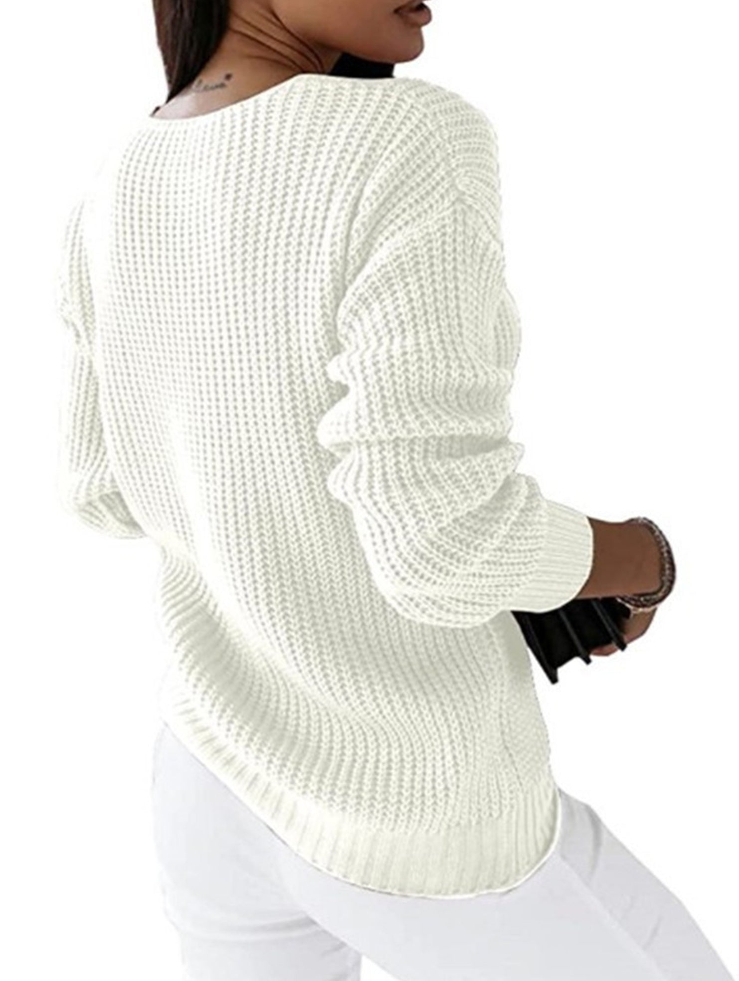 V-neck solid color cable knit casual knit sweater