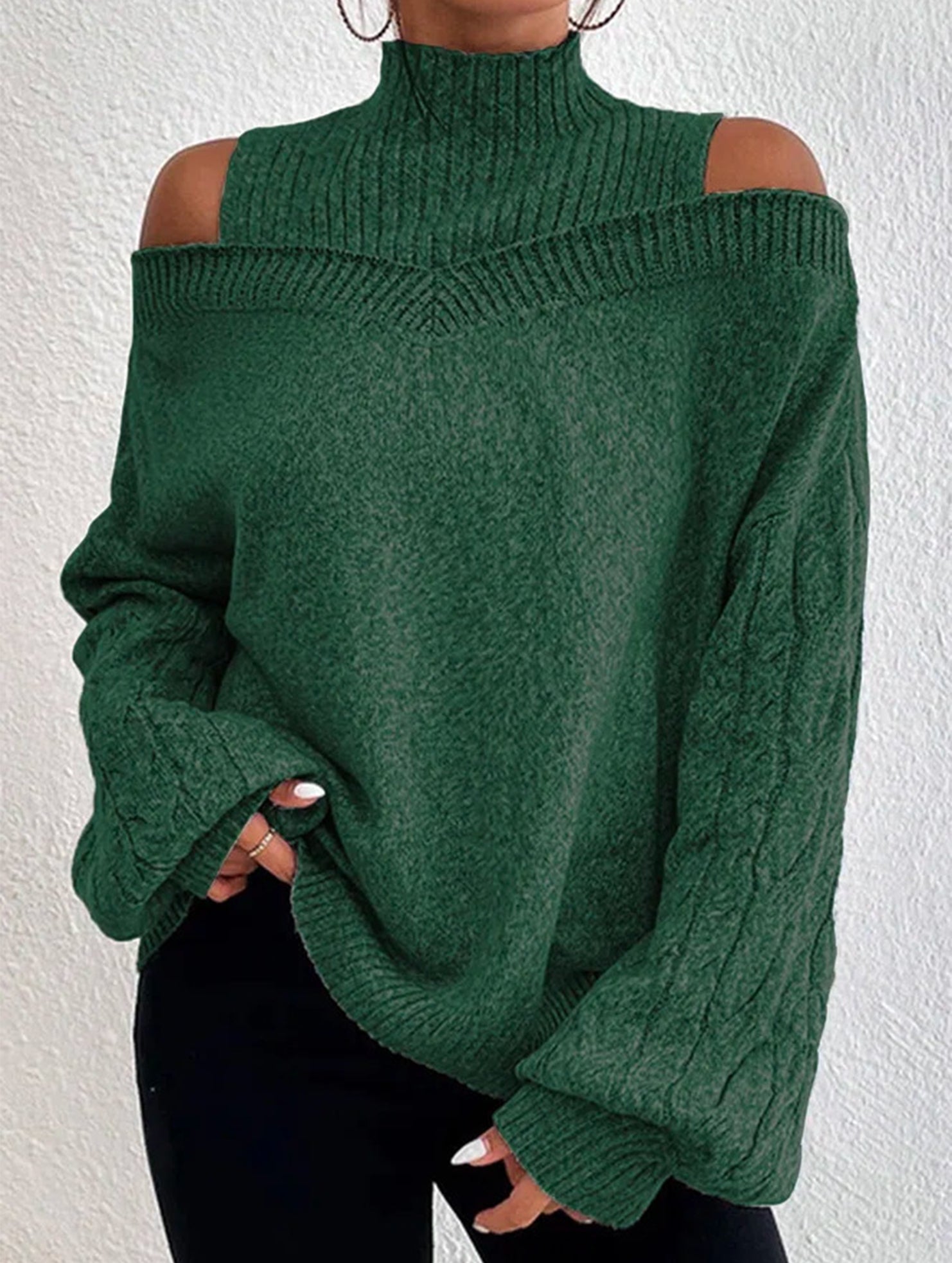 Off-shoulder turtleneck loose knit sweater