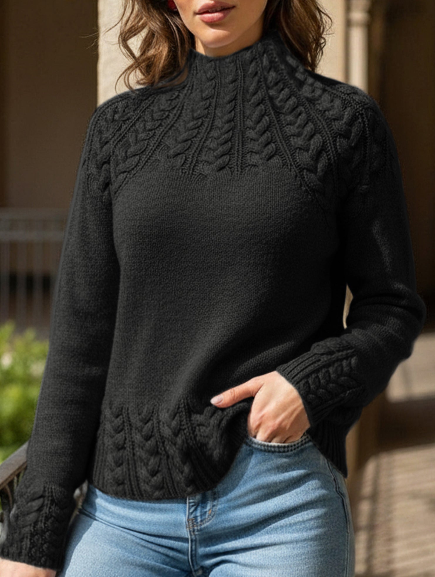 Solid color cable knit sweater