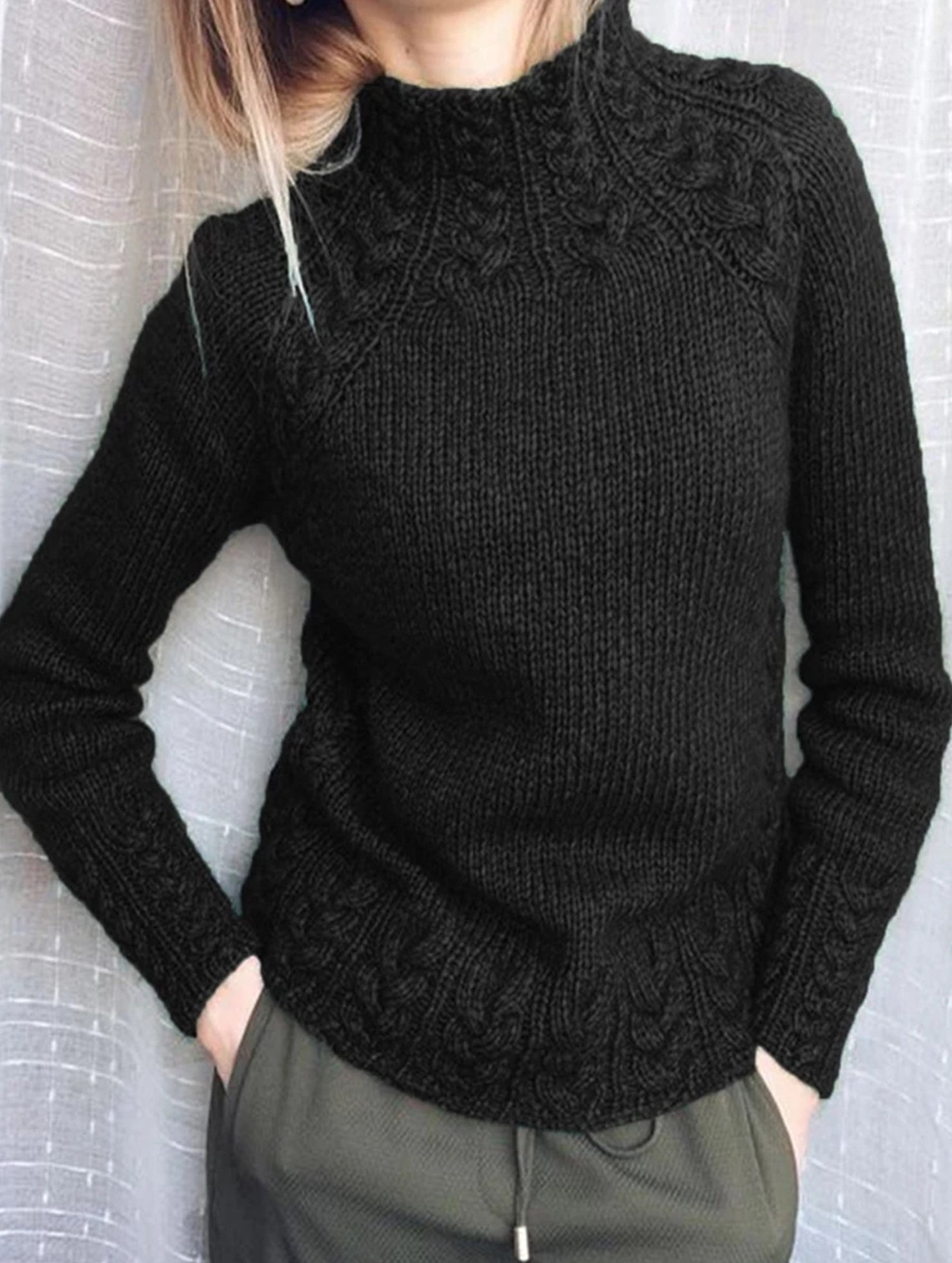 Solid color cable knit sweater