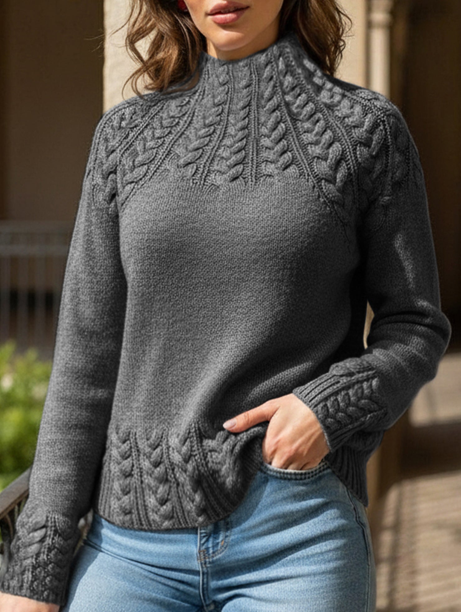 Solid color cable knit sweater