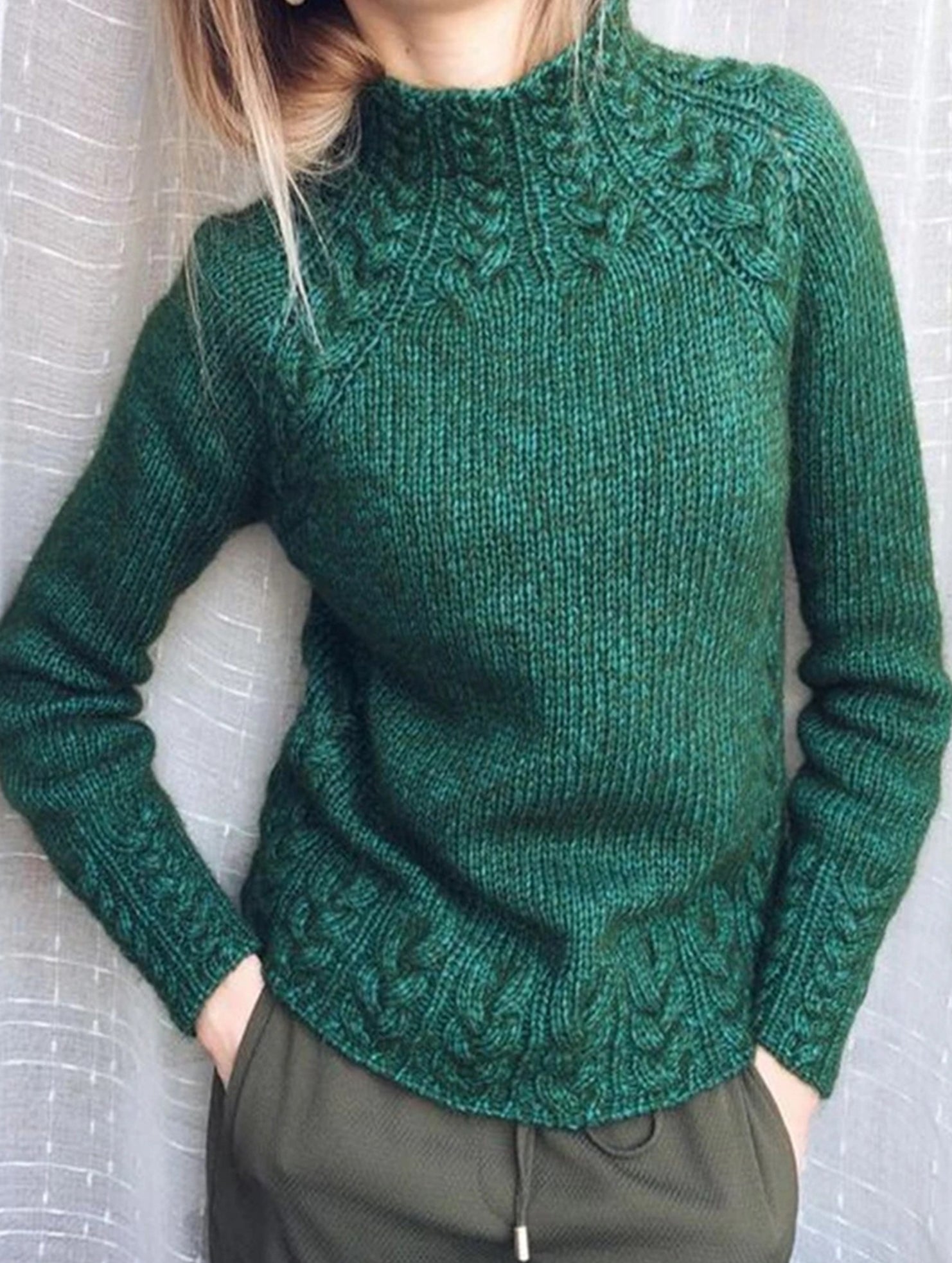 Solid color cable knit sweater