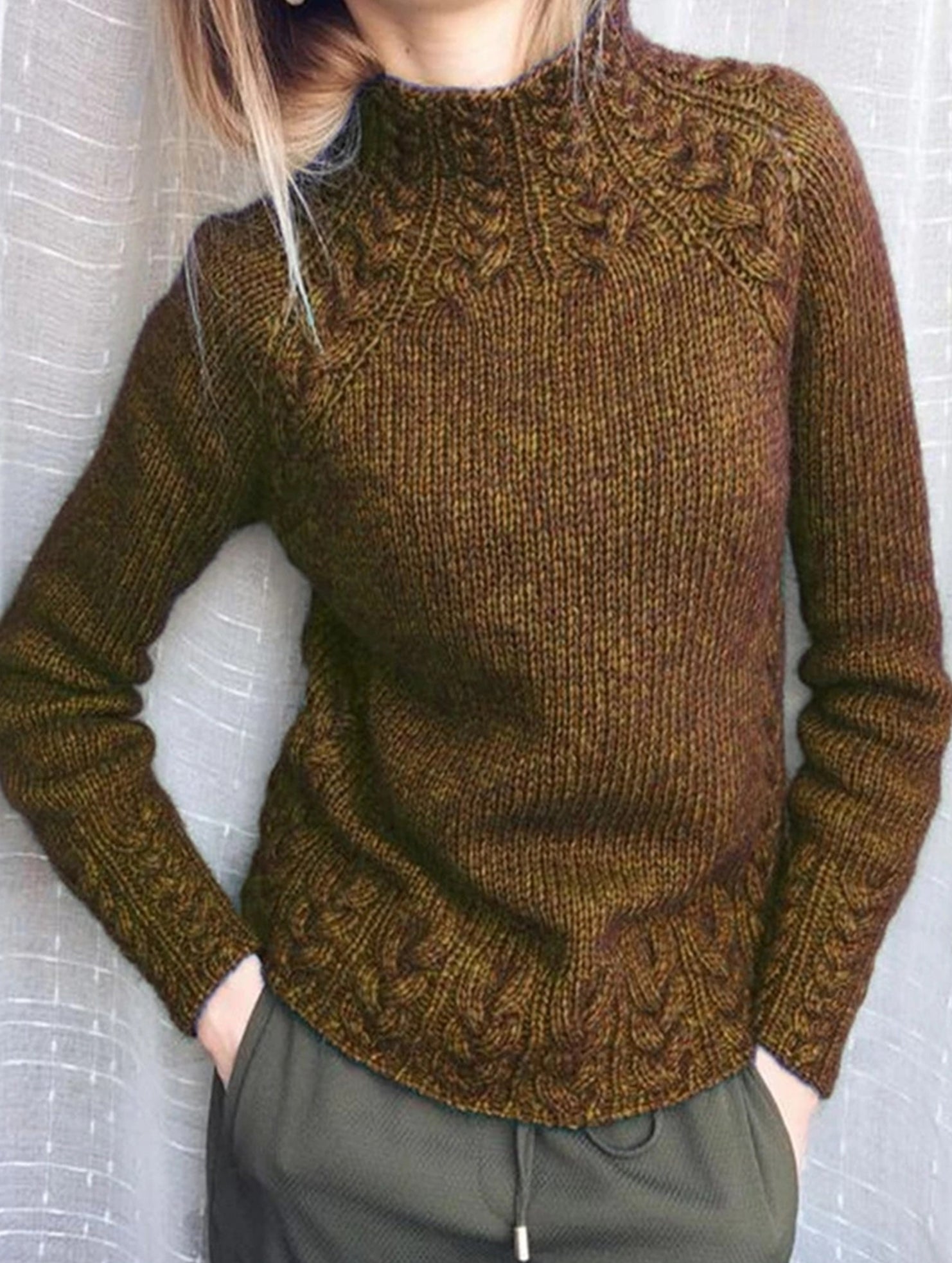 Solid color cable knit sweater