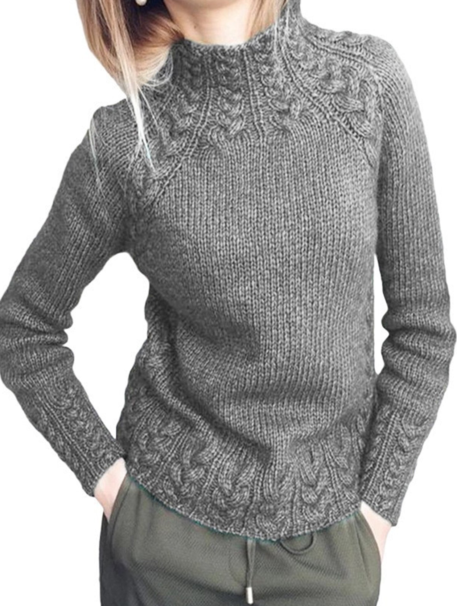 Solid color cable knit sweater