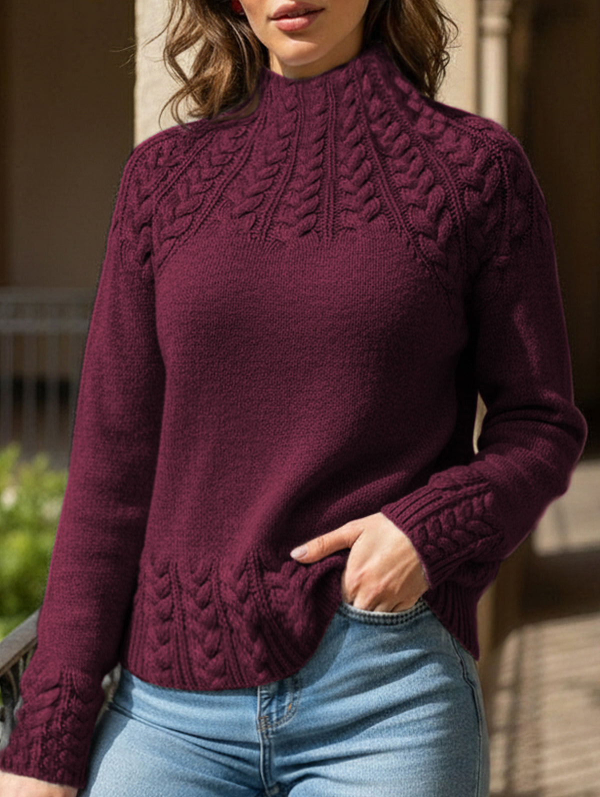 Solid color cable knit sweater