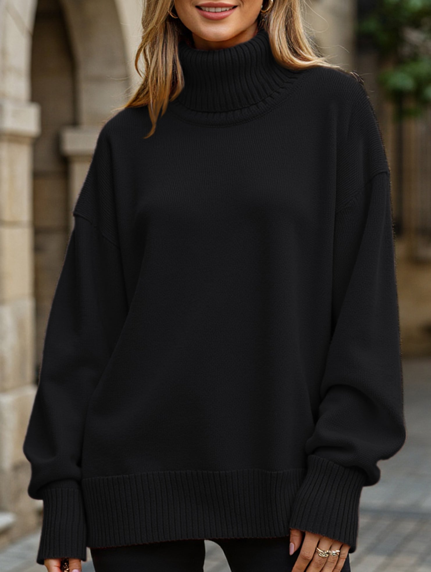 Classic turtleneck loose-fitting knit sweater