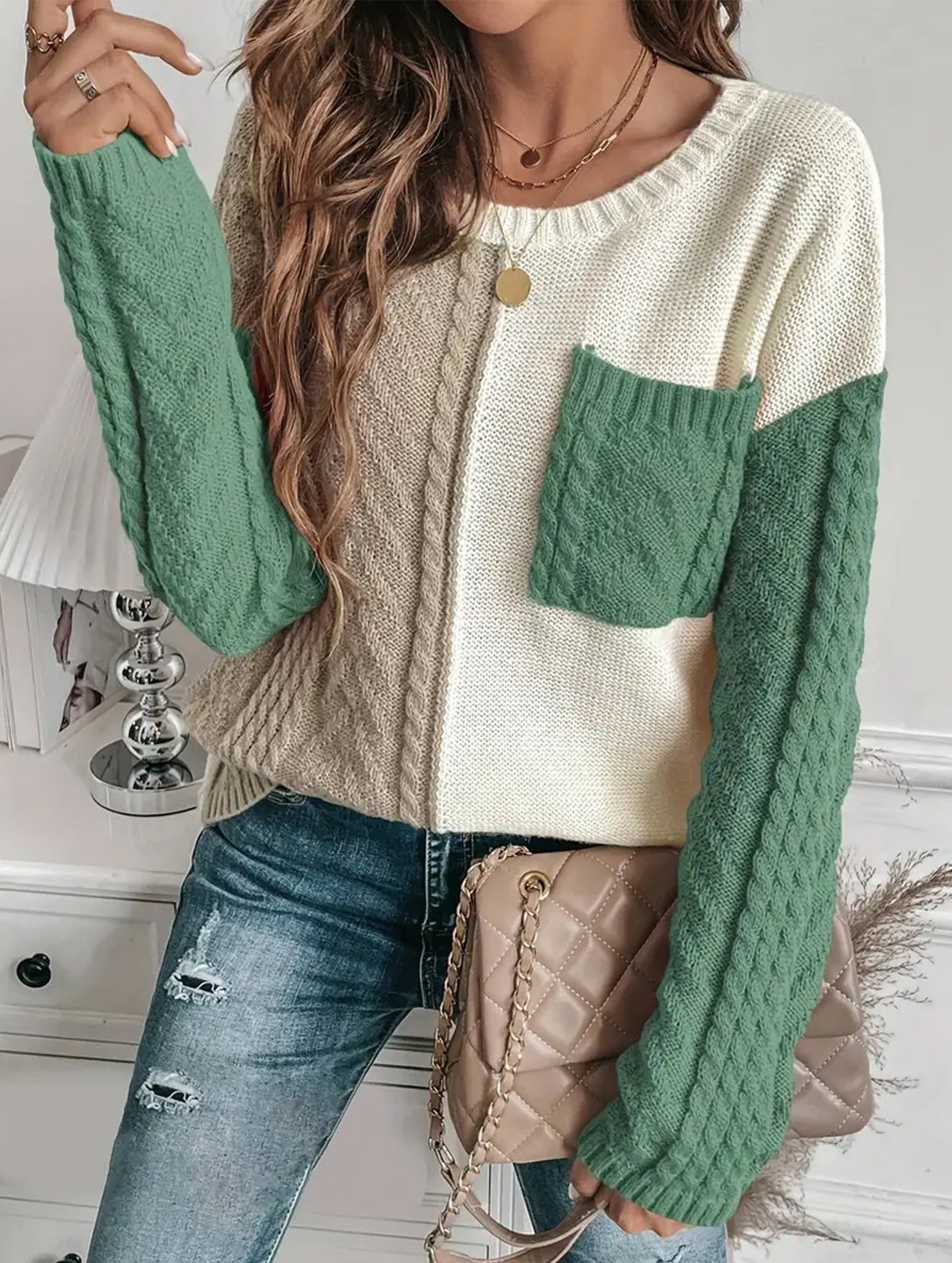 Color-blocked cable knit sweater