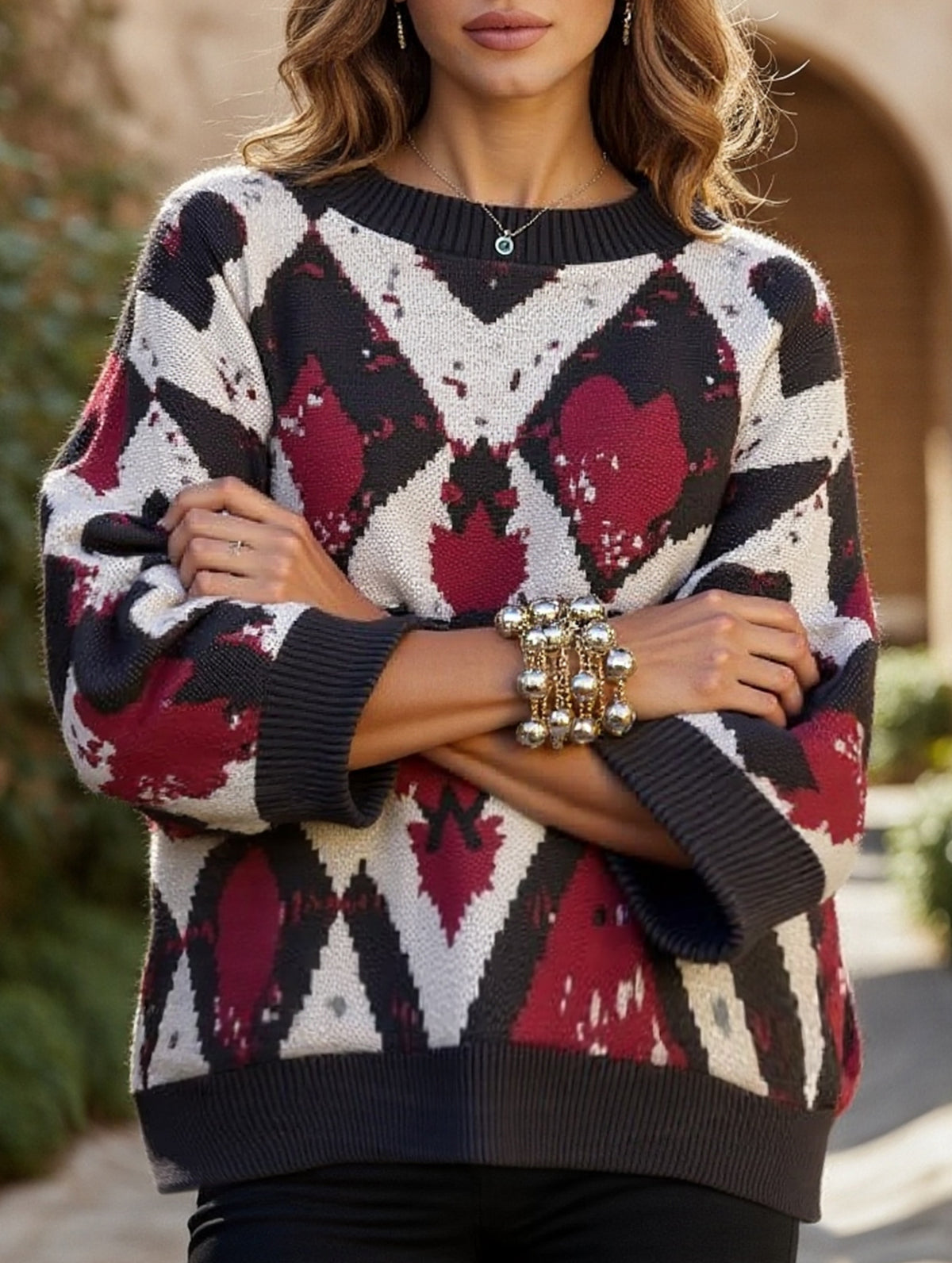 Retro winter diamond knit sweater