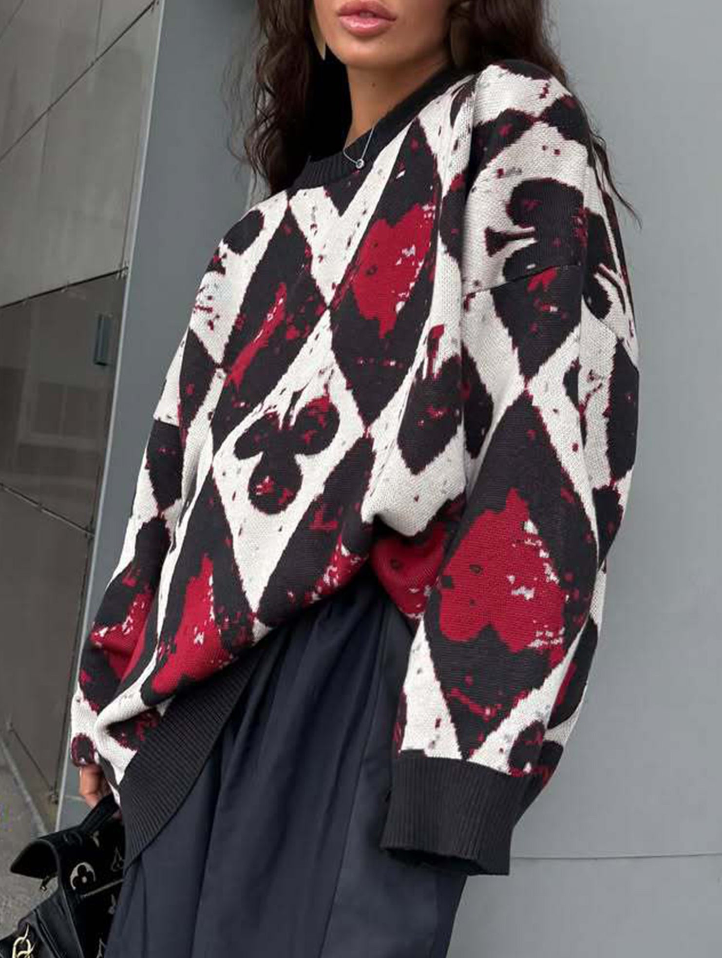 Retro winter diamond knit sweater