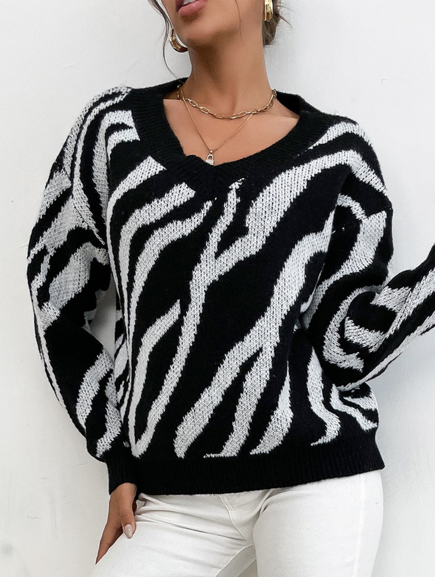 Fashionable zebra print warm knit sweater