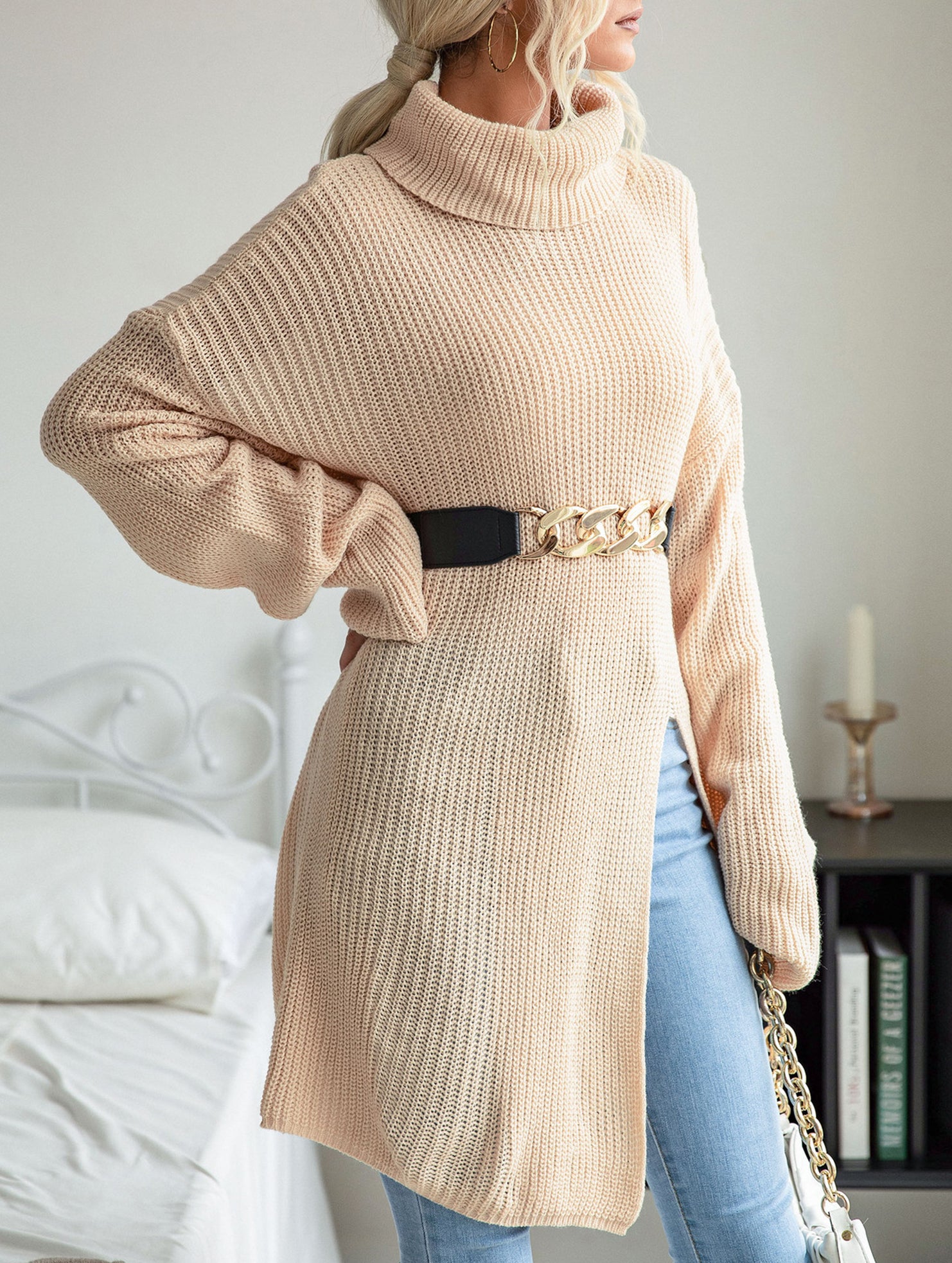 Casual mid-length split turtleneck sweater