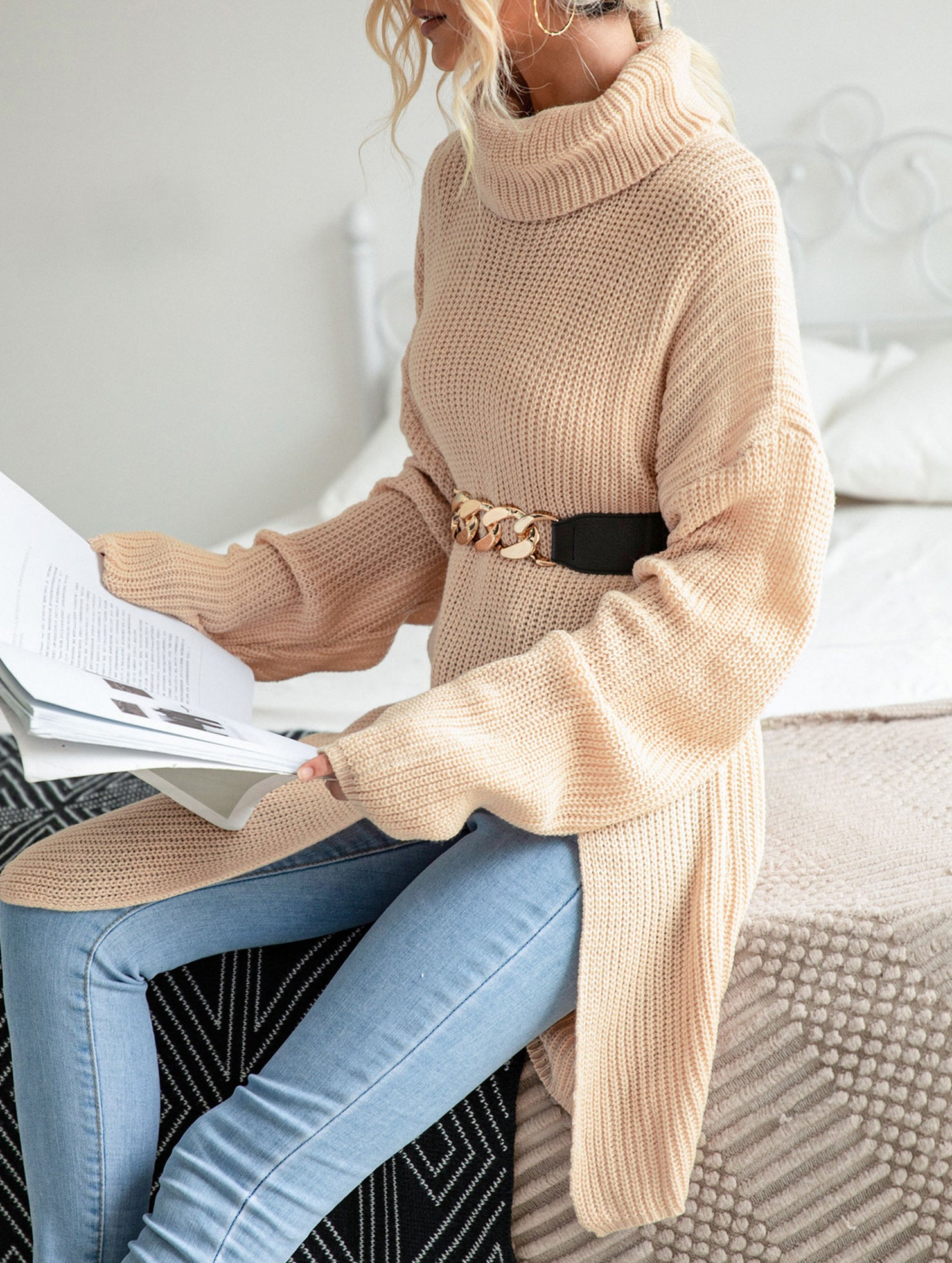 Casual mid-length split turtleneck sweater