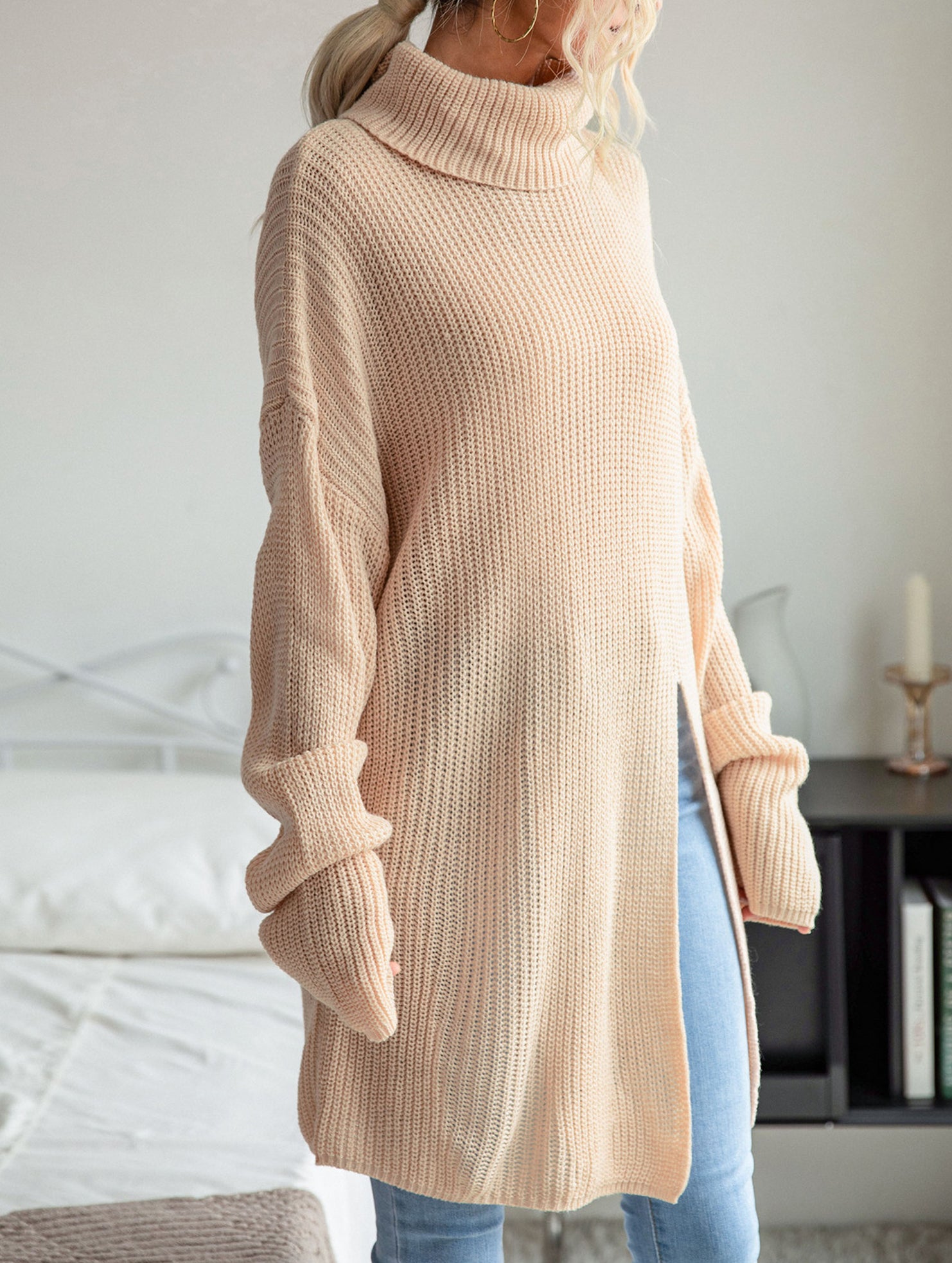 Casual mid-length split turtleneck sweater