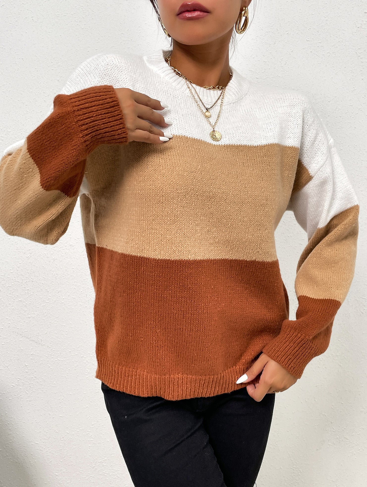 Loose gradient color crew neck striped sweater