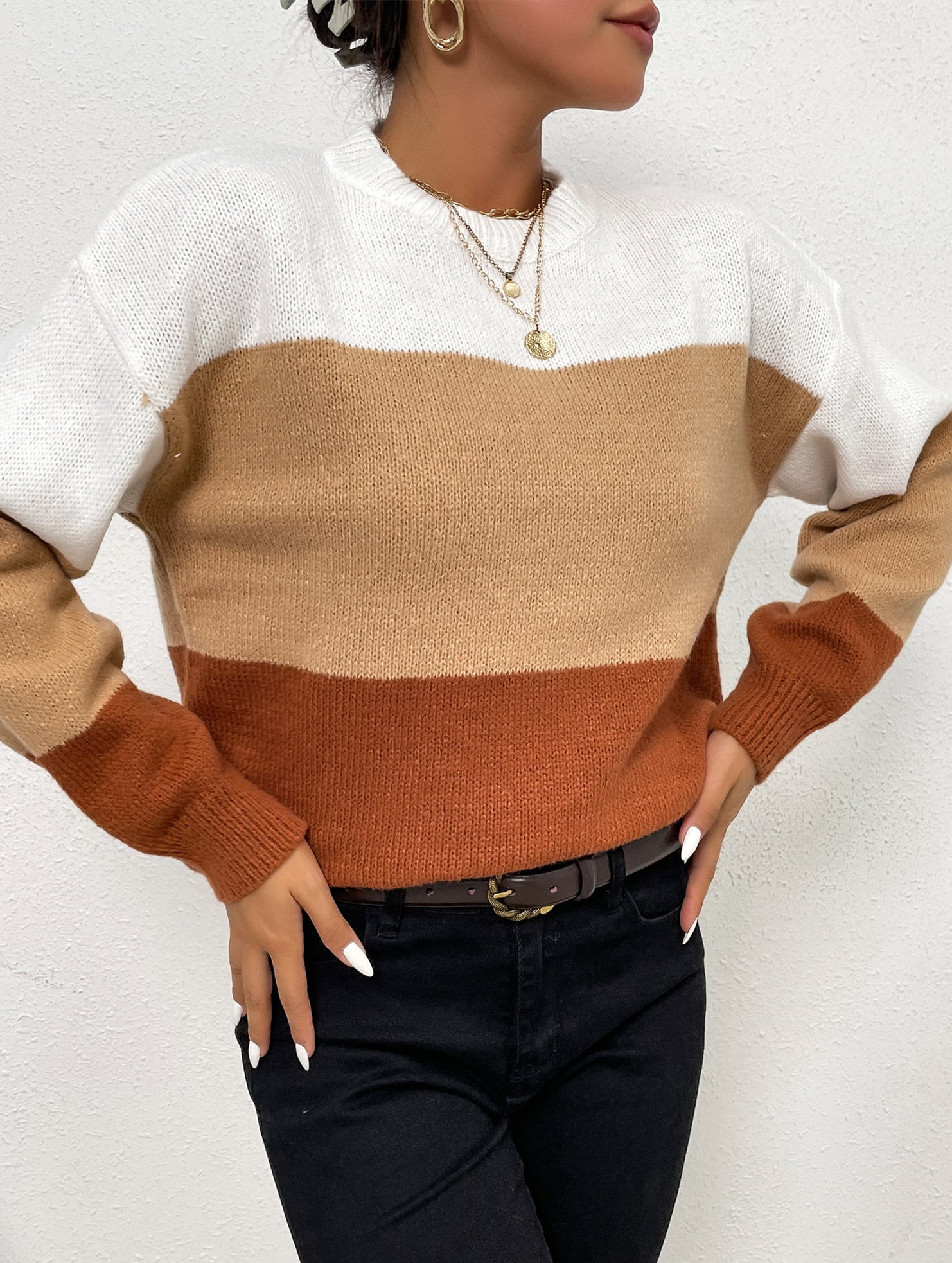 Loose gradient color crew neck striped sweater