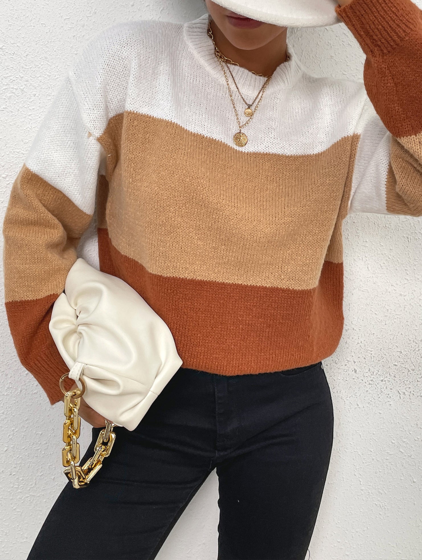 Loose gradient color crew neck striped sweater